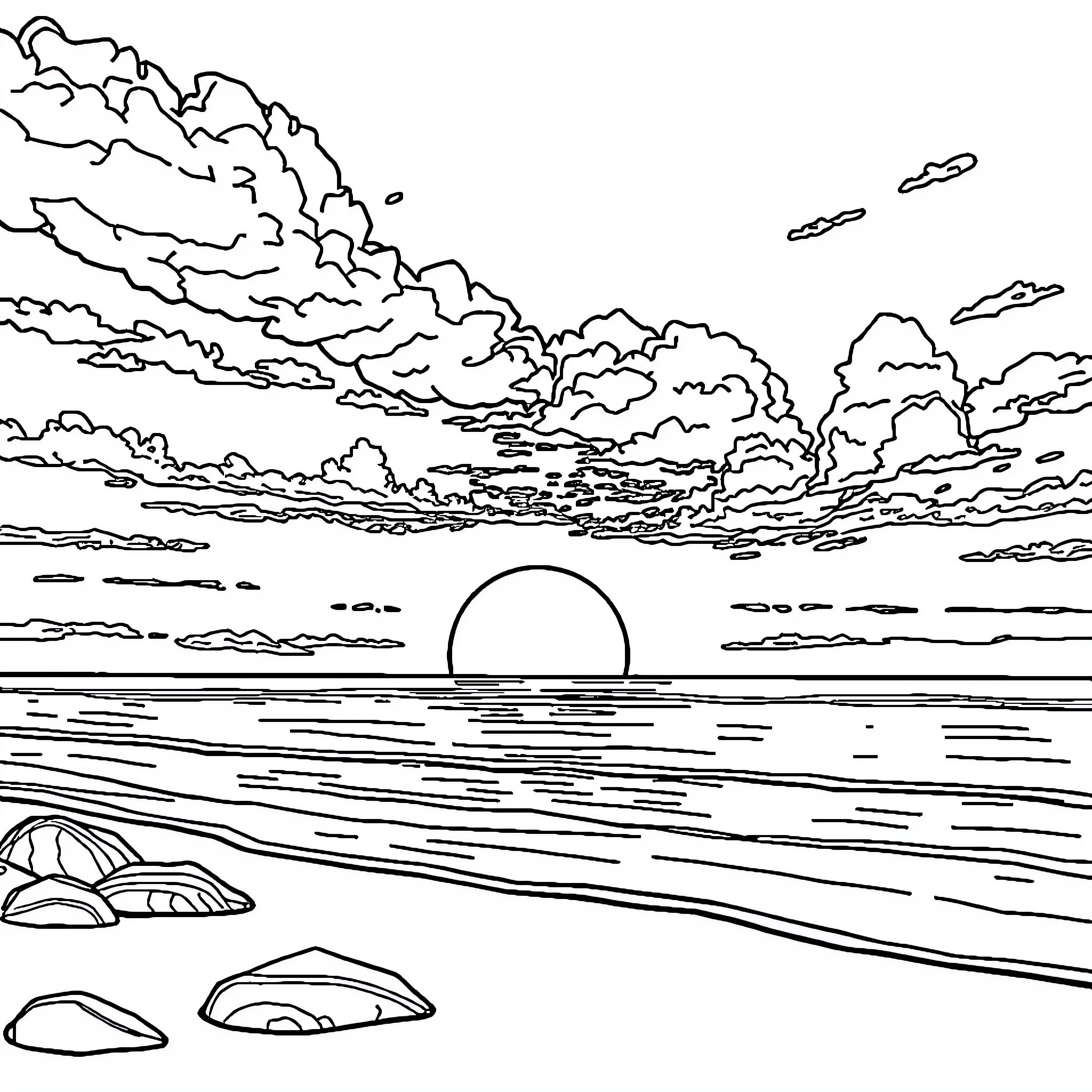 Sunset at the seashore with cloudy skies Coloring Page (free black-and-white line drawing printable PDF for all, from beginners to advanced learners, including children, teens, adults, and seniors)