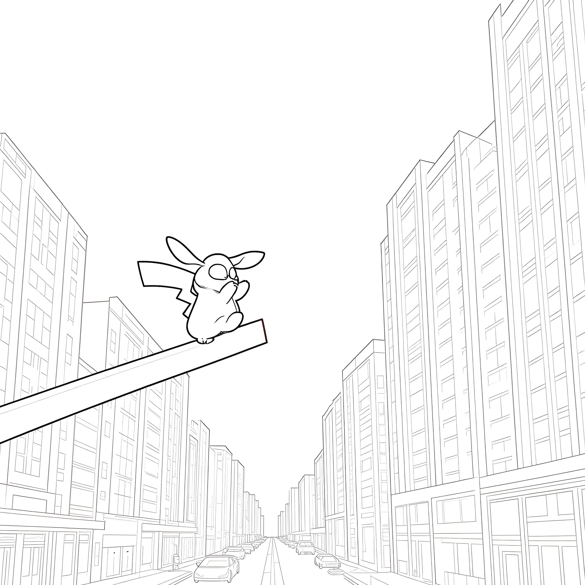 Pikachu adventuring through the urban cityscape Coloring Page (free black-and-white line drawing printable PDF for all, from beginners to advanced learners, including children, teens, adults, and seniors)