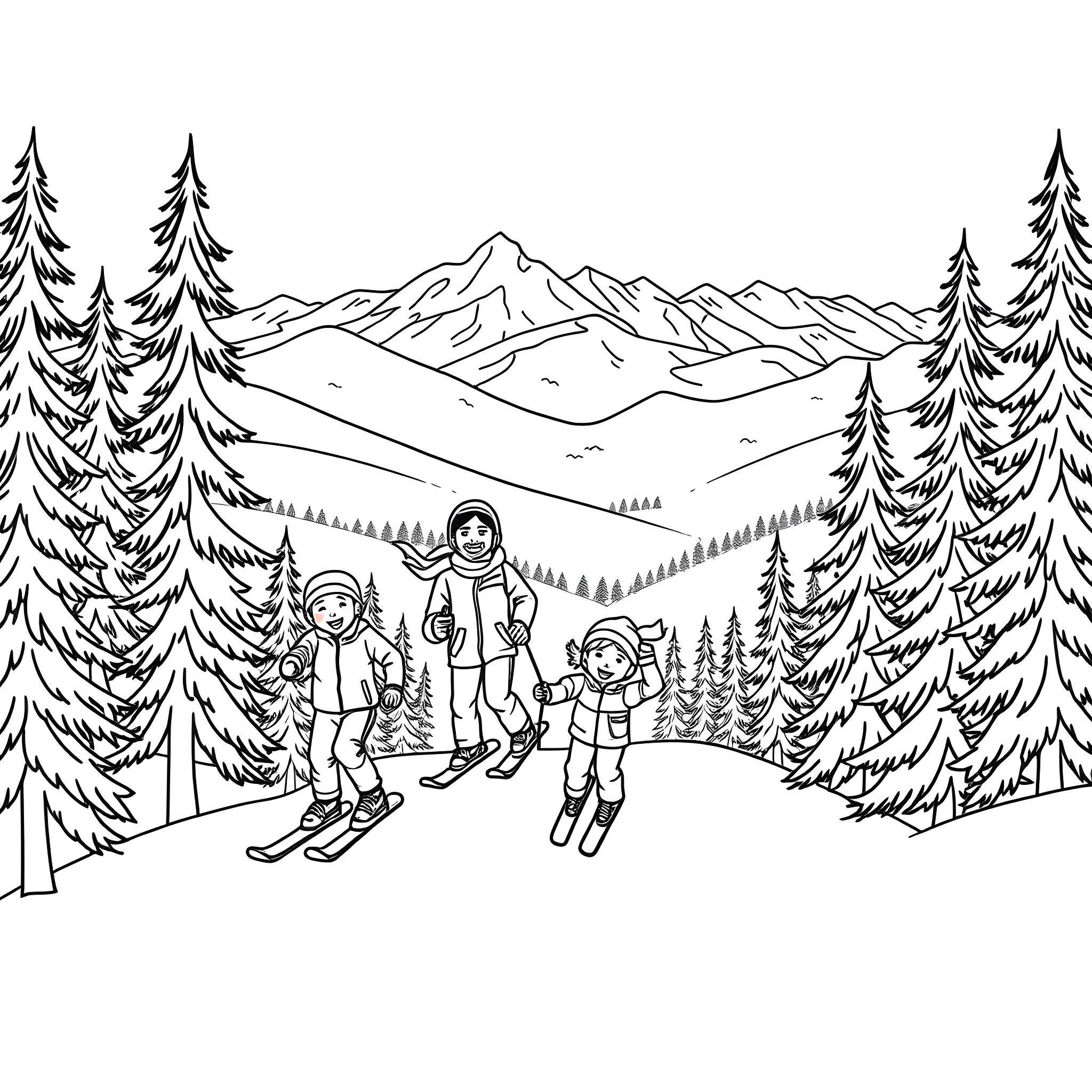 Family enjoying winter sports in the mountains Coloring Page (free black-and-white line drawing printable PDF for all, from beginners to advanced learners, including children, teens, adults, and seniors)