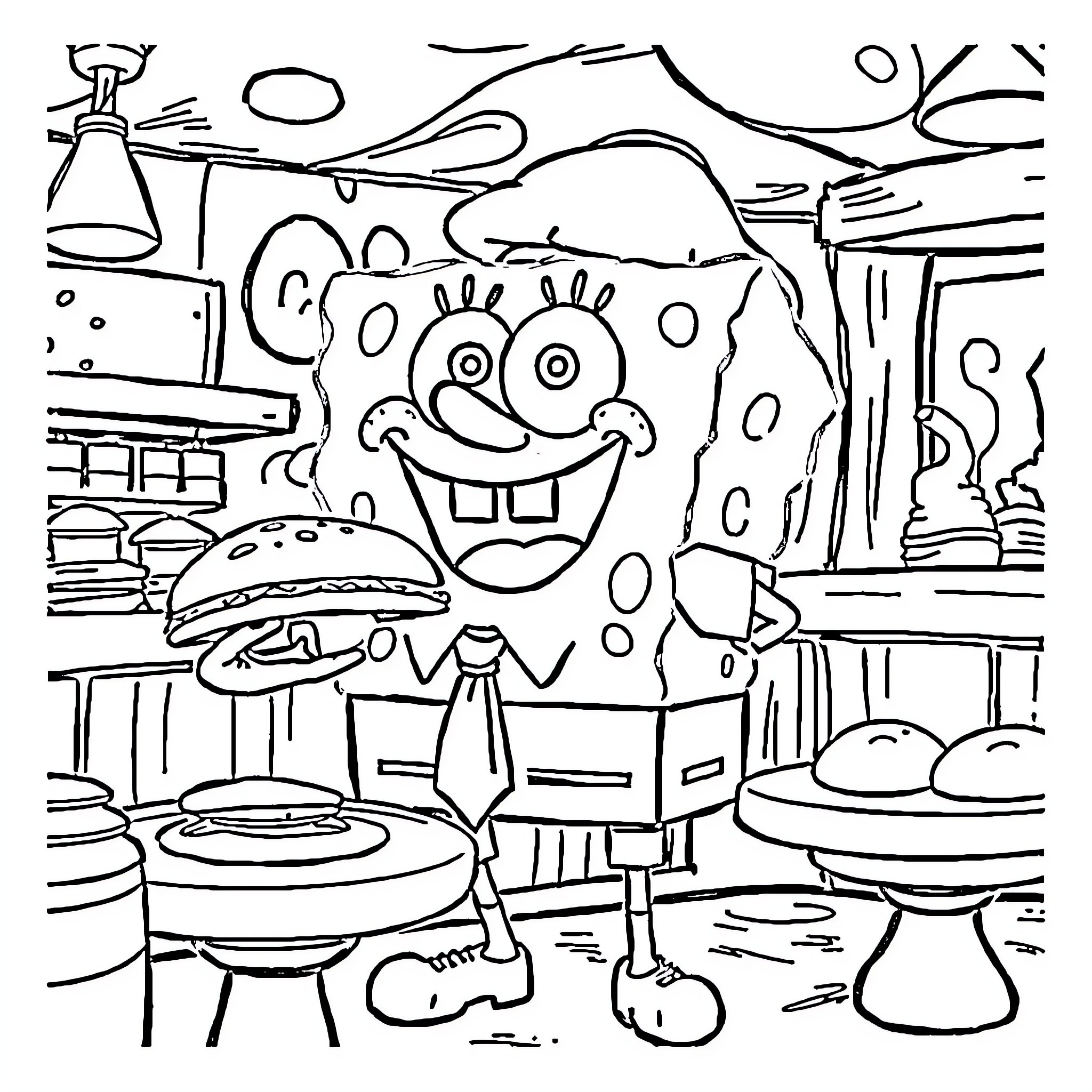 Spongebob's Silly Shenanigans in the Kitchen Coloring Page (free black-and-white line drawing printable PDF for all, from beginners to advanced learners, including children, teens, adults, and seniors)