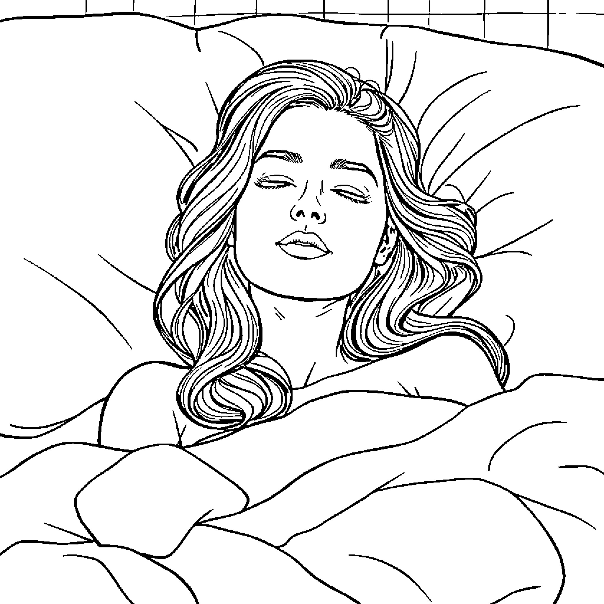 Woman resting peacefully in bed Coloring Page (free black-and-white line drawing printable PDF for all, from beginners to advanced learners, including children, teens, adults, and seniors)