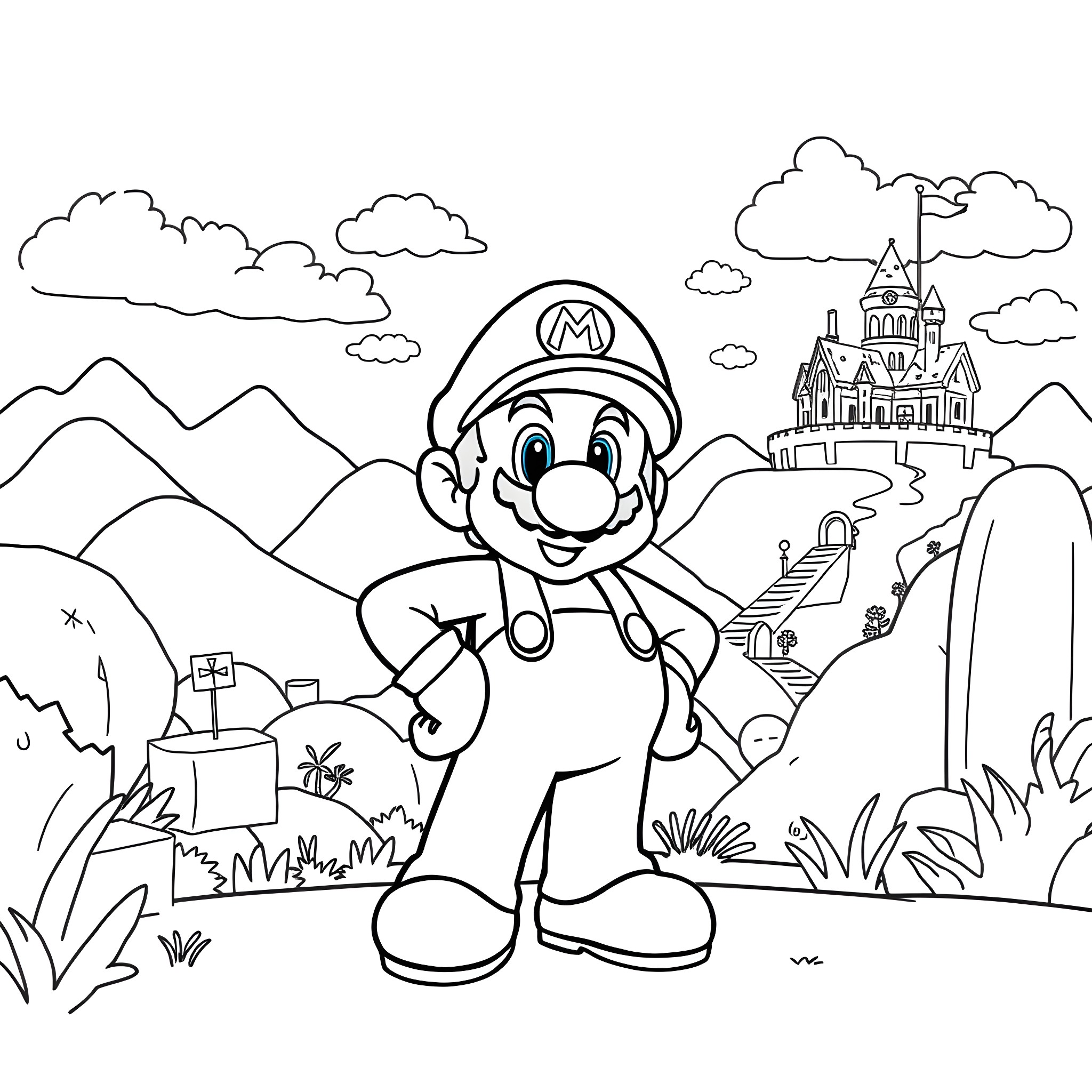 Mario exploring the whimsical world of adventure Coloring Page (free black-and-white line drawing printable PDF for all, from beginners to advanced learners, including children, teens, adults, and seniors)