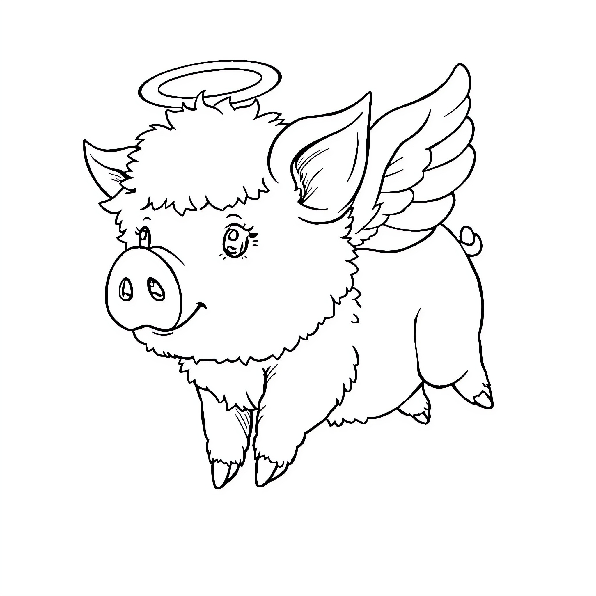 Angel Pig with Halo and Wings Coloring Page (free black-and-white line drawing printable PDF for all, from beginners to advanced learners, including children, teens, adults, and seniors)