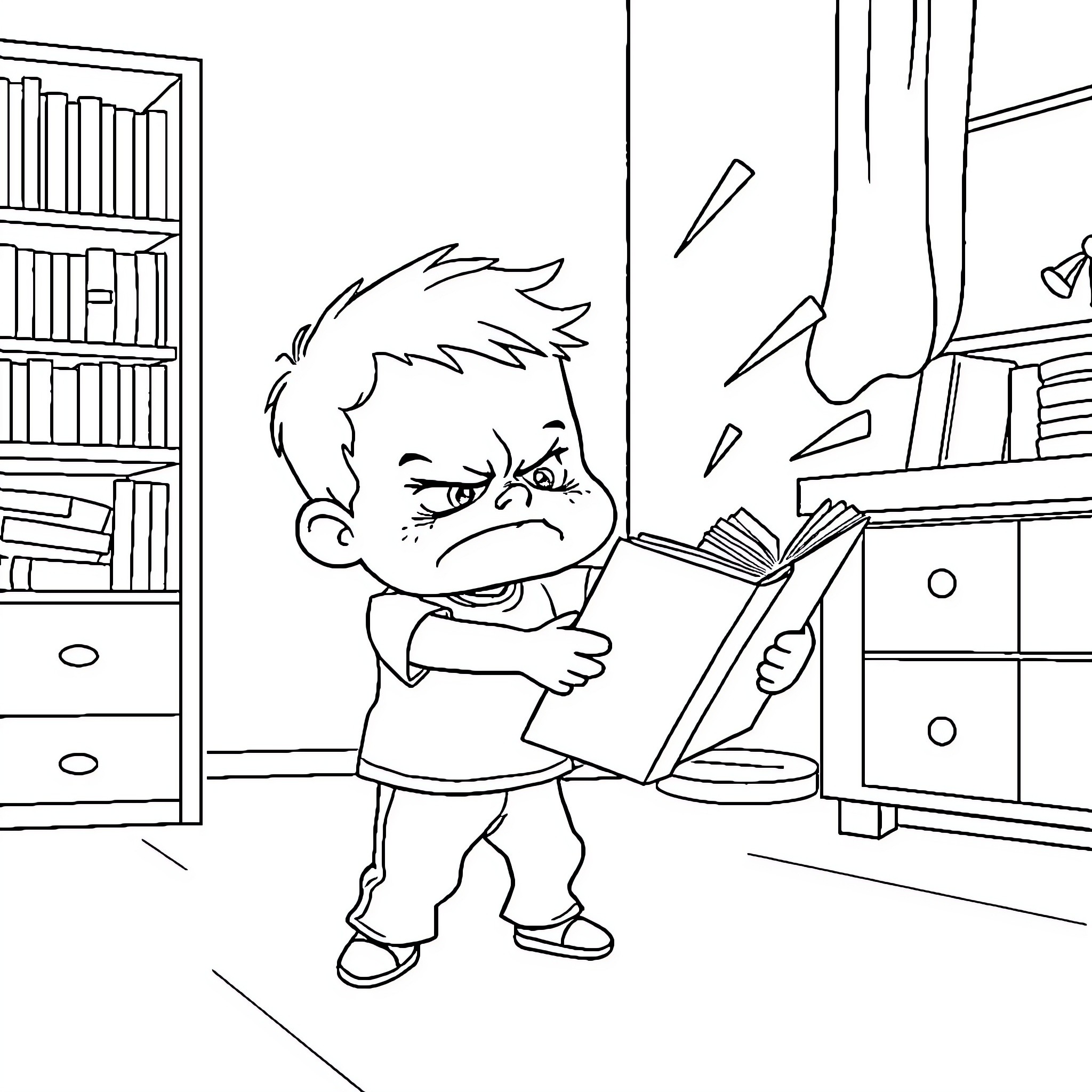 Child Frustrated with Book in Cluttered Room Coloring Page (free black-and-white line drawing printable PDF for all, from beginners to advanced learners, including children, teens, adults, and seniors)