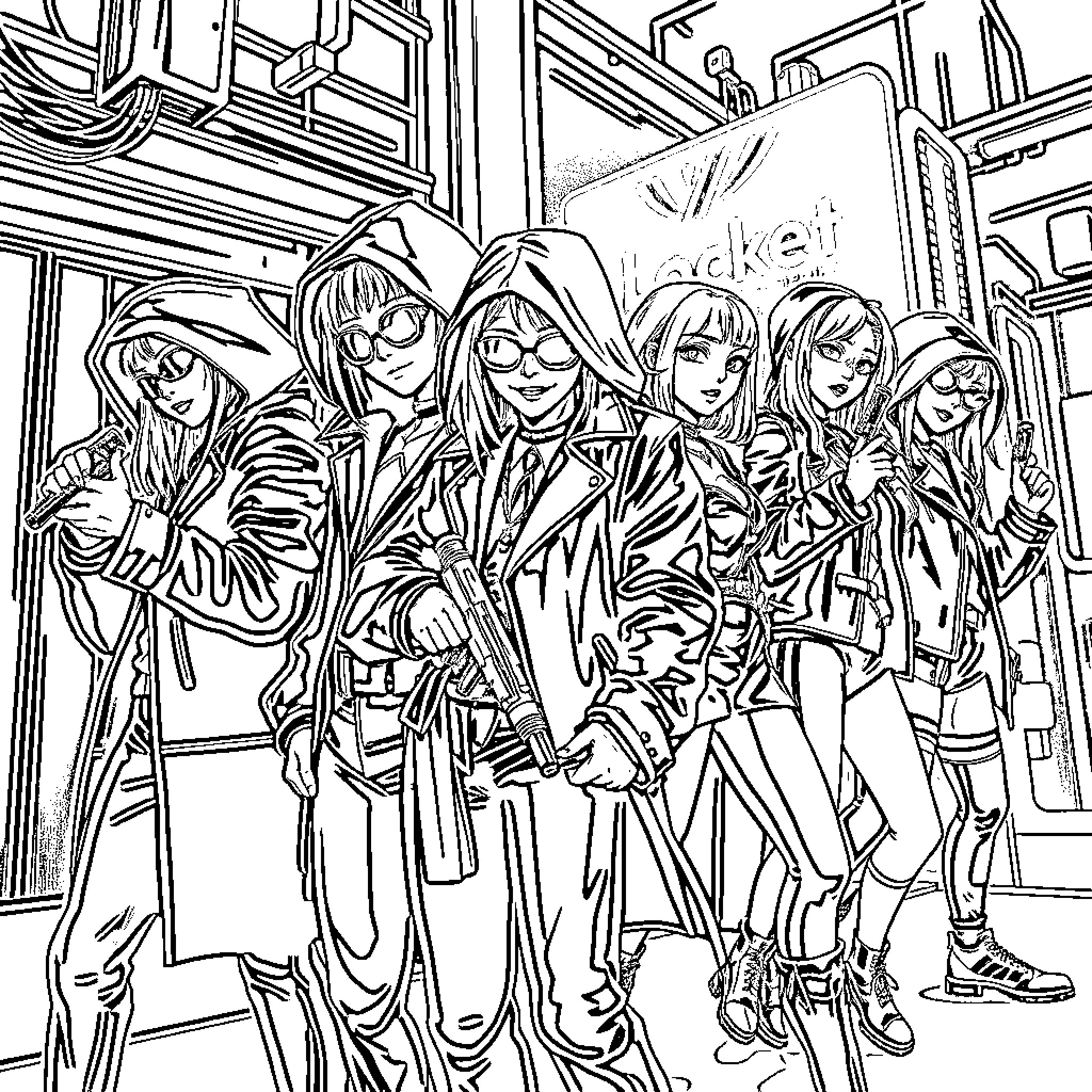 Vampire Hunter: Mysterious Figures Congregating Coloring Page (free black-and-white line drawing printable PDF for all, from beginners to advanced learners, including children, teens, adults, and seniors)