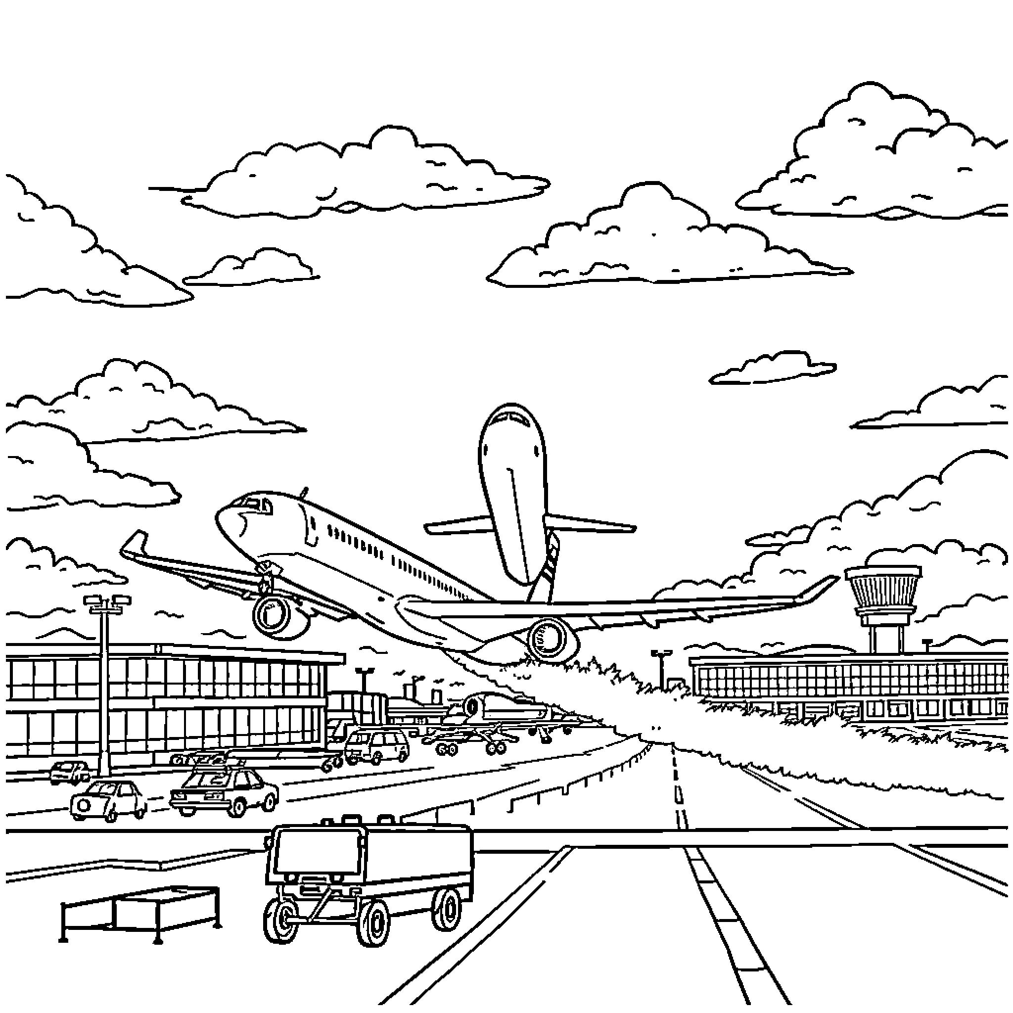 Airplane taking off from busy airport runway Coloring Page (free black-and-white line drawing printable PDF for all, from beginners to advanced learners, including children, teens, adults, and seniors)