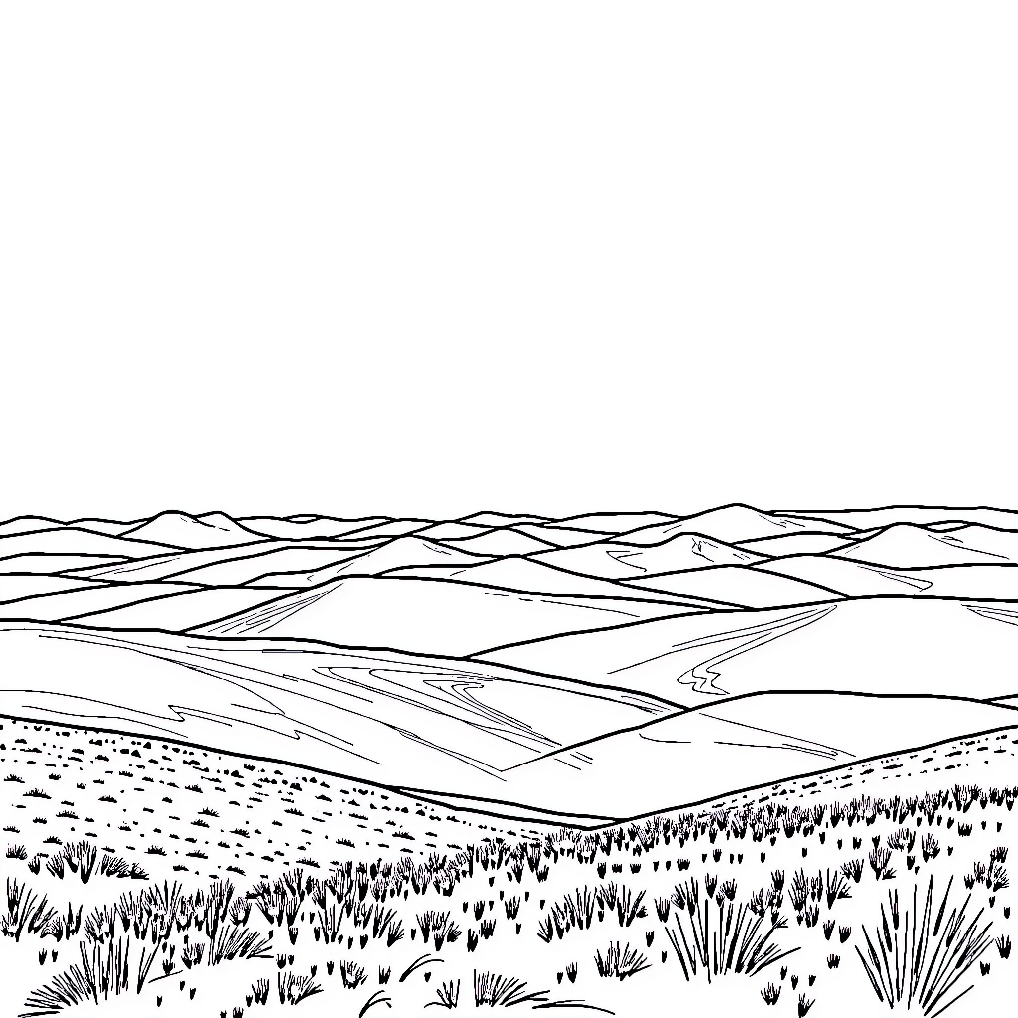 Landscape of rolling hills and grassy meadows Coloring Page (free black-and-white line drawing printable PDF for all, from beginners to advanced learners, including children, teens, adults, and seniors)