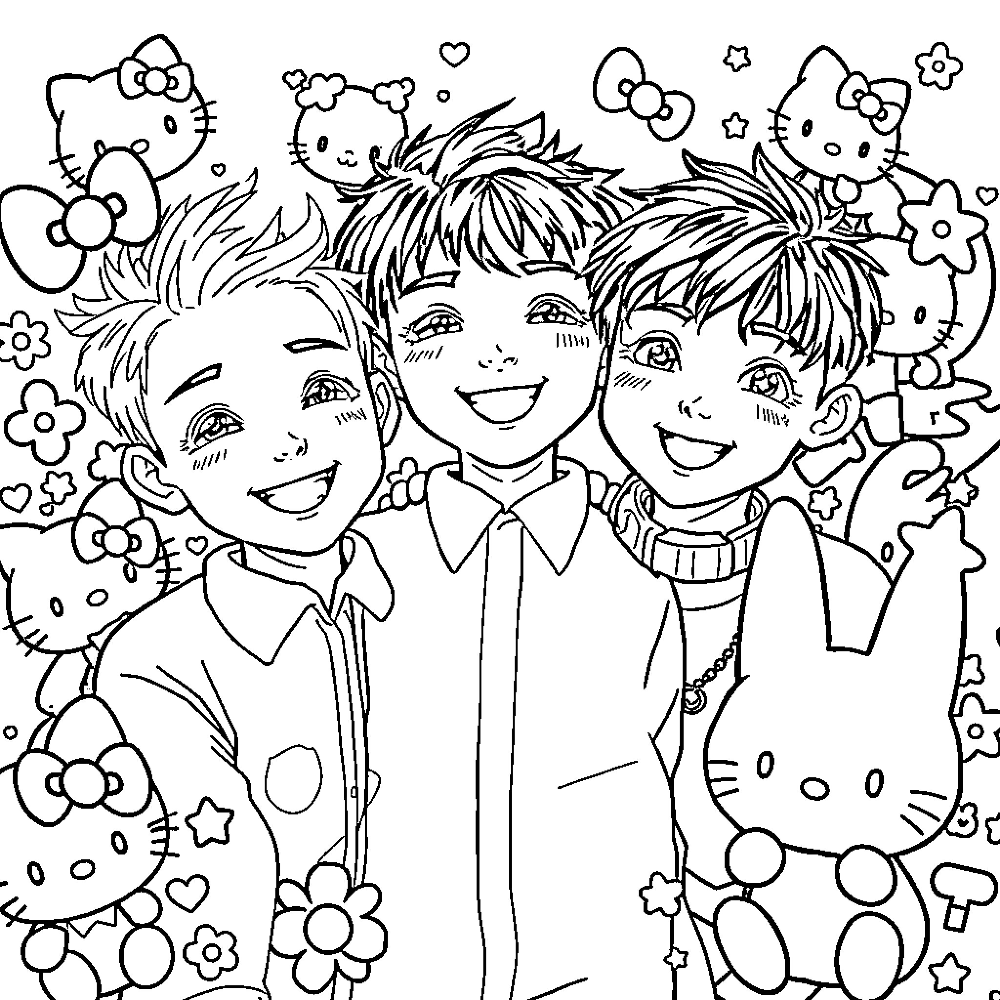 Saja Boy Enjoying Playful Company with Friends Coloring Page (free black-and-white line drawing printable PDF for all, from beginners to advanced learners, including children, teens, adults, and seniors)