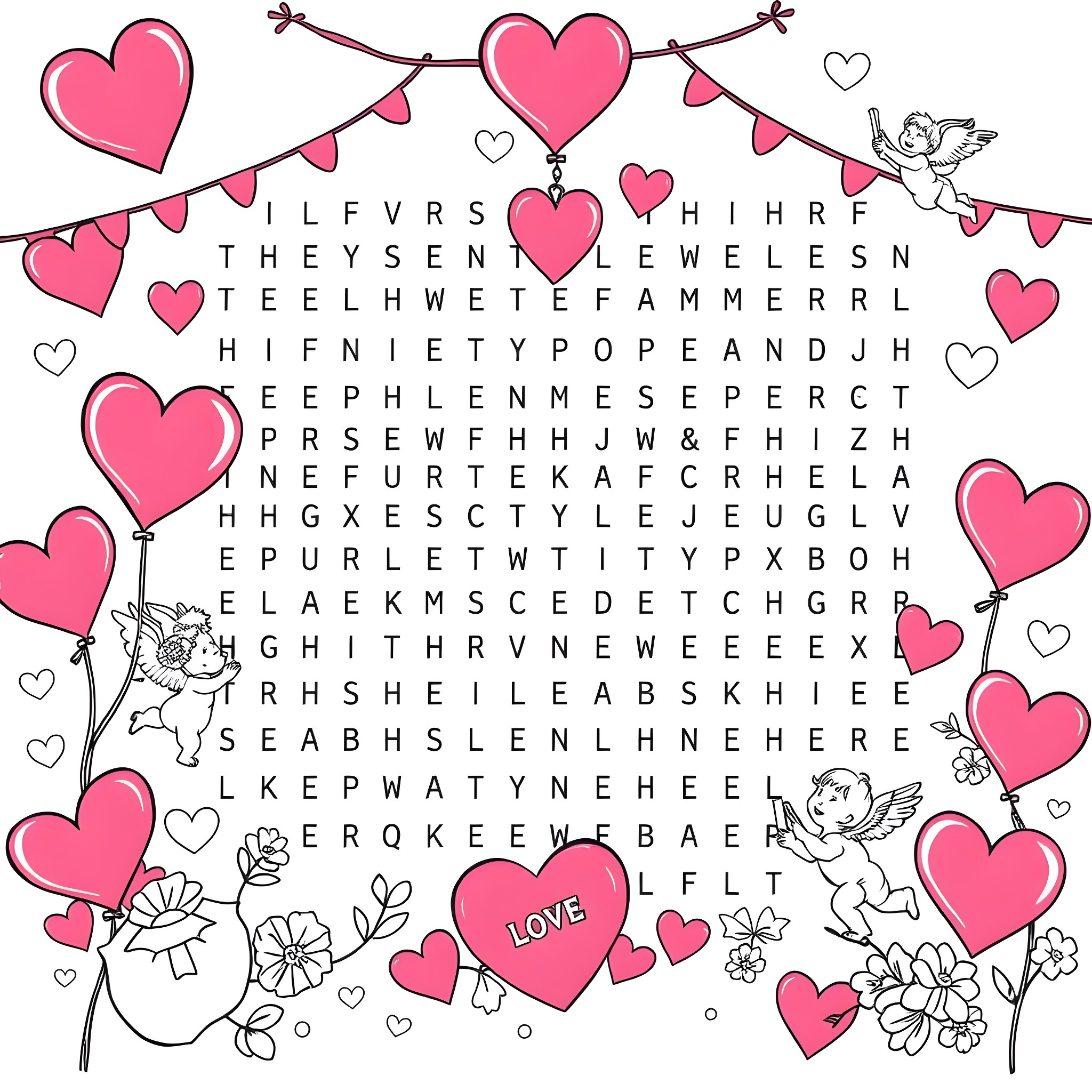 Word Search: Hearts, Cupids, and Floral Decorations Coloring Page (free black-and-white line drawing printable PDF for all, from beginners to advanced learners, including children, teens, adults, and seniors)