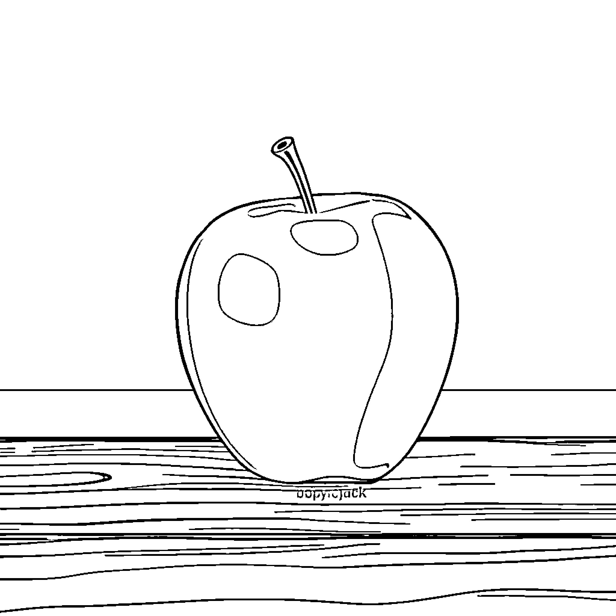 Apple with unique design on wooden surface Coloring Page (free black-and-white line drawing printable PDF for all, from beginners to advanced learners, including children, teens, adults, and seniors)
