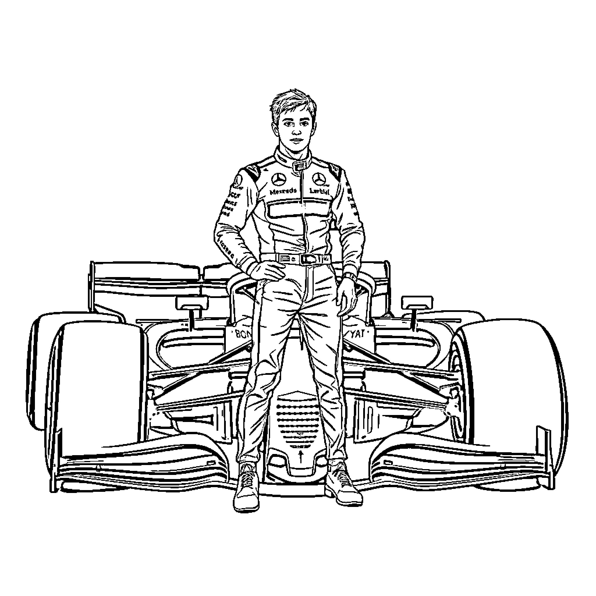 Charles Leclerc standing beside Formula One racing car Coloring Page (free black-and-white line drawing printable PDF for all, from beginners to advanced learners, including children, teens, adults, and seniors)