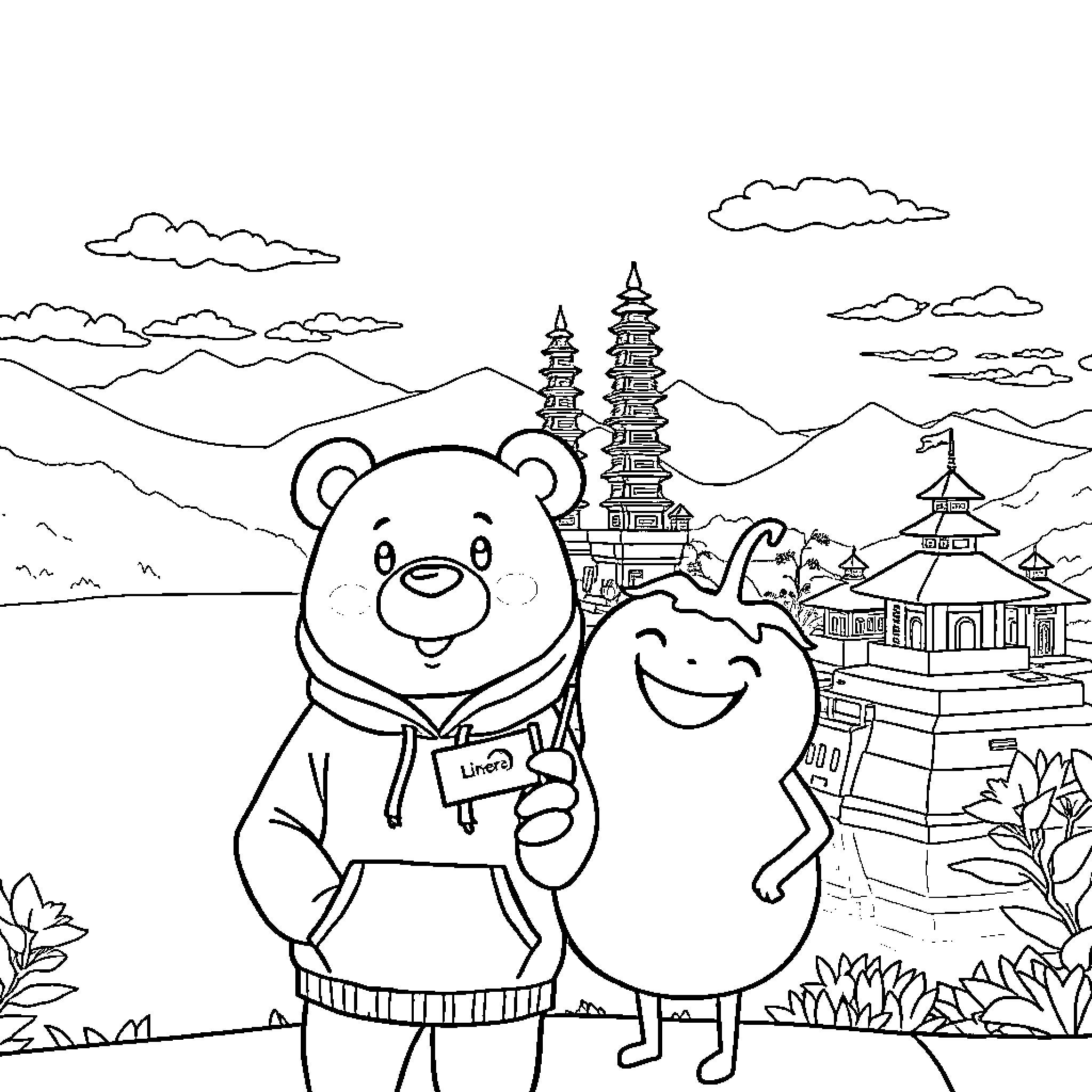 Bear duo exploring traditional Asian architecture Coloring Page (free black-and-white line drawing printable PDF for all, from beginners to advanced learners, including children, teens, adults, and seniors)