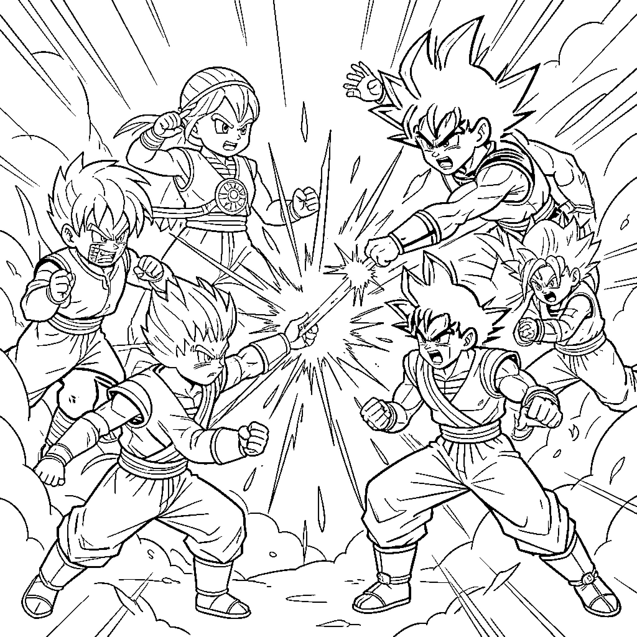 Ninjago characters engaged in an intense martial arts battle Coloring Page (free black-and-white line drawing printable PDF for all, from beginners to advanced learners, including children, teens, adults, and seniors)