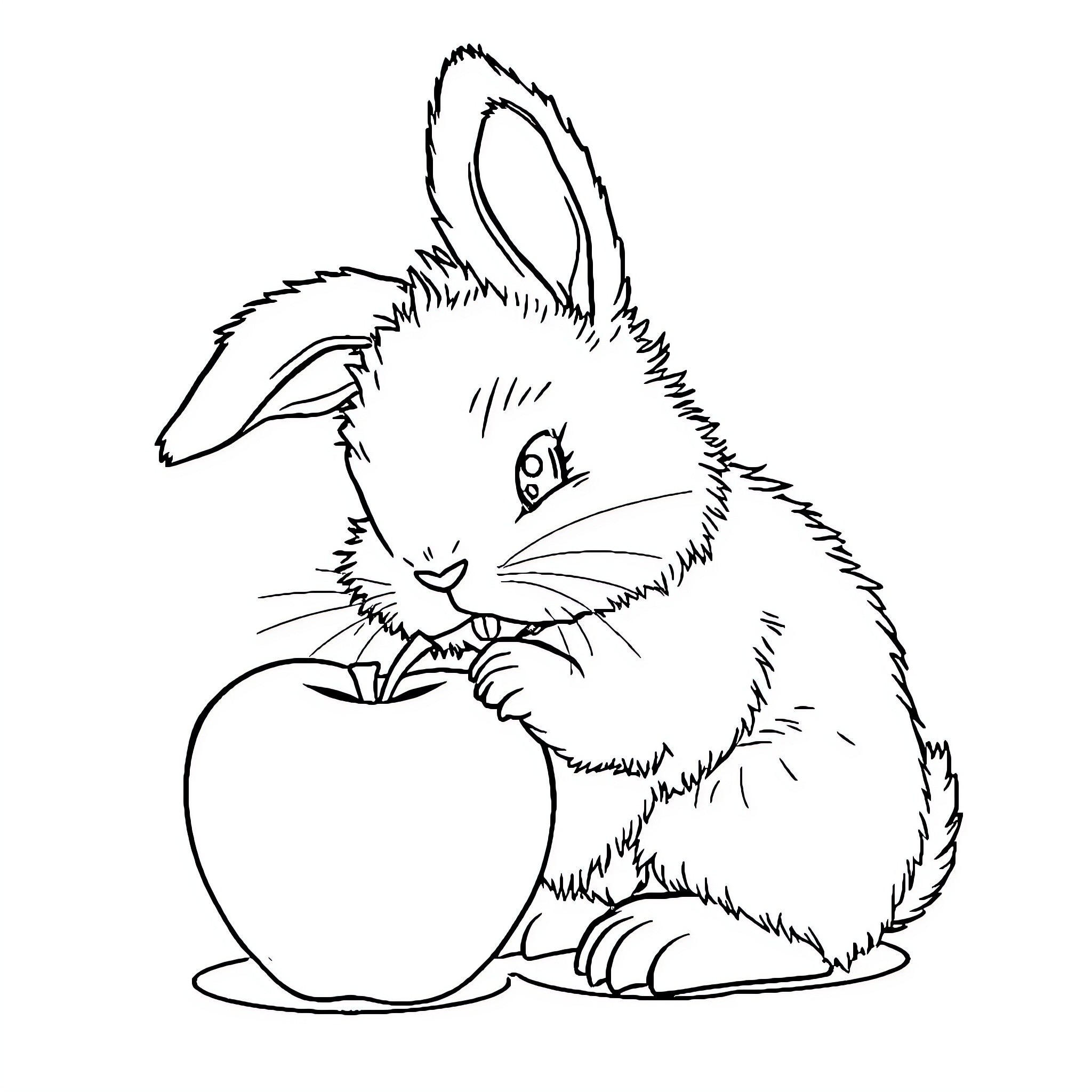 Bunny enjoying a tasty apple Coloring Page (free black-and-white line drawing printable PDF for all, from beginners to advanced learners, including children, teens, adults, and seniors)