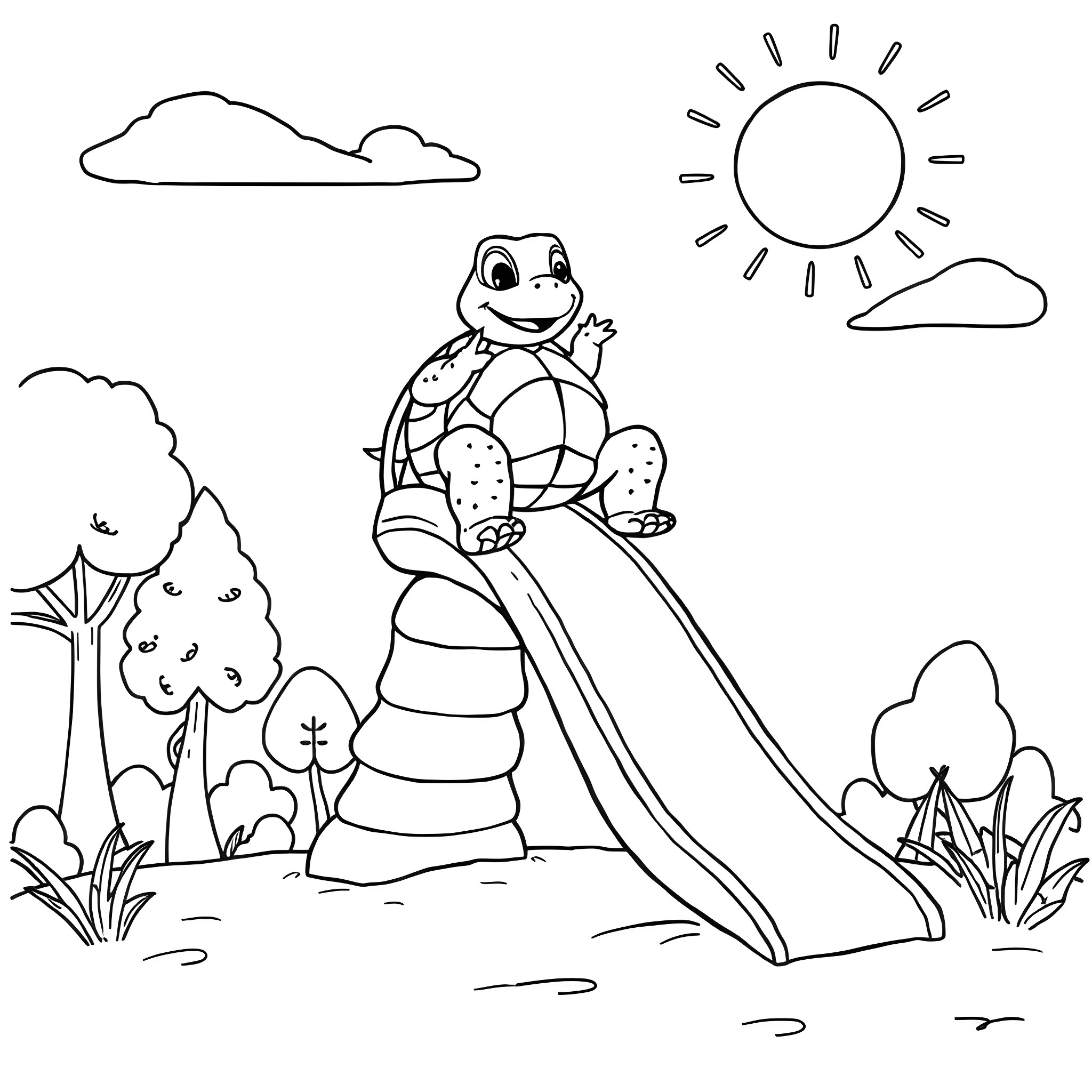Turtle sliding down a playground slide in nature Coloring Page (free black-and-white line drawing printable PDF for all, from beginners to advanced learners, including children, teens, adults, and seniors)