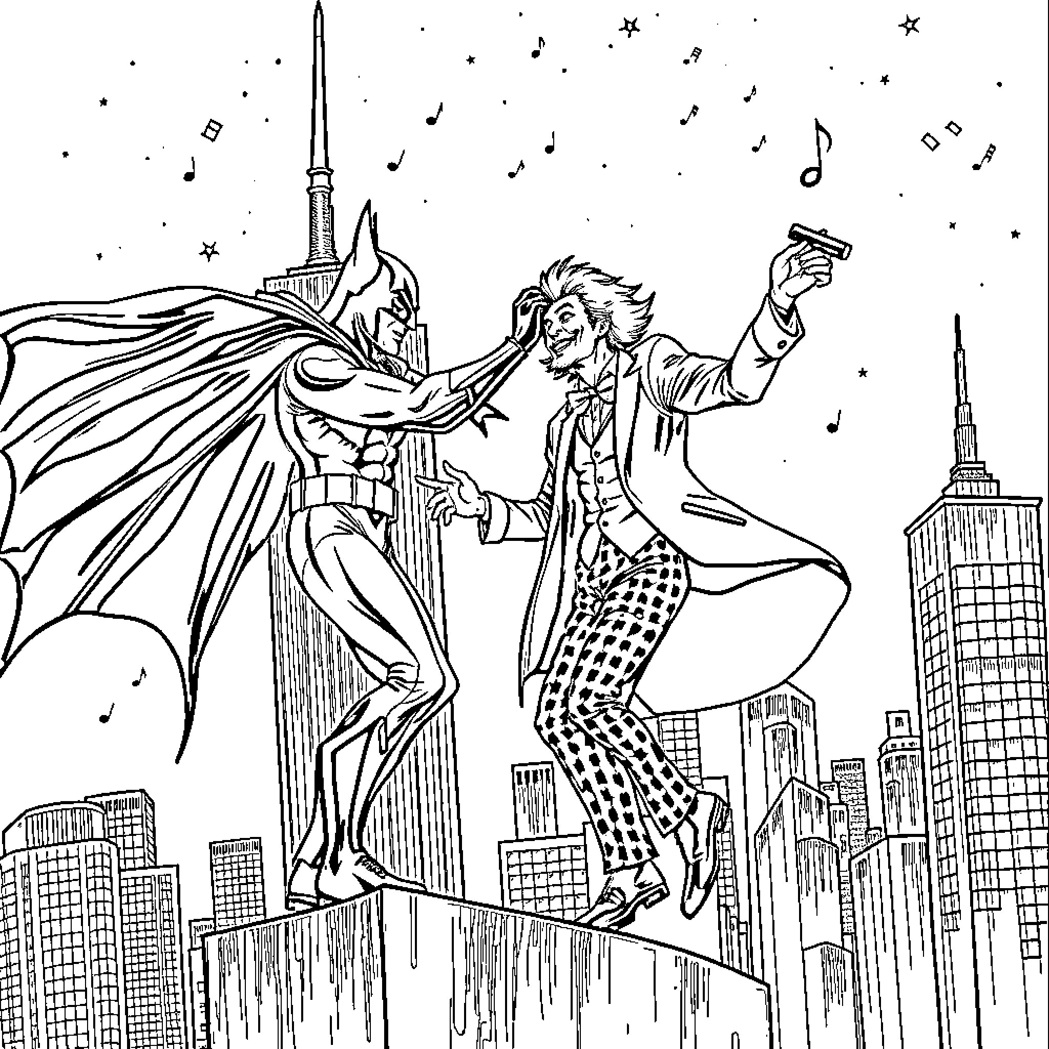 Batman dancing joyfully with the Joker in the city Coloring Page (free black-and-white line drawing printable PDF for all, from beginners to advanced learners, including children, teens, adults, and seniors)
