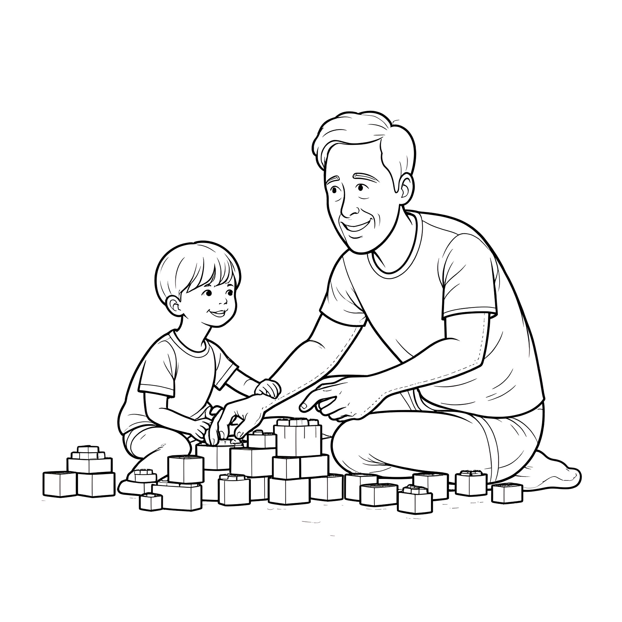 Father playing with son building blocks Coloring Page (free black-and-white line drawing printable PDF for all, from beginners to advanced learners, including children, teens, adults, and seniors)