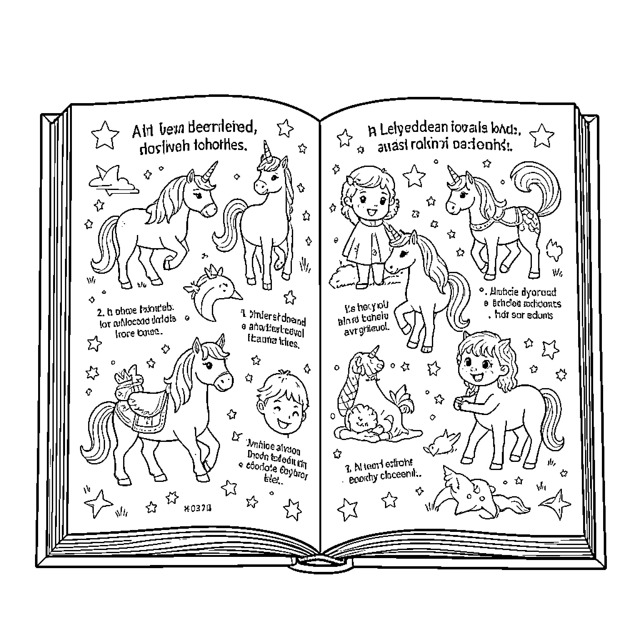 Unicorns dancing and playing in a storybook world Coloring Page (free black-and-white line drawing printable PDF for all, from beginners to advanced learners, including children, teens, adults, and seniors)
