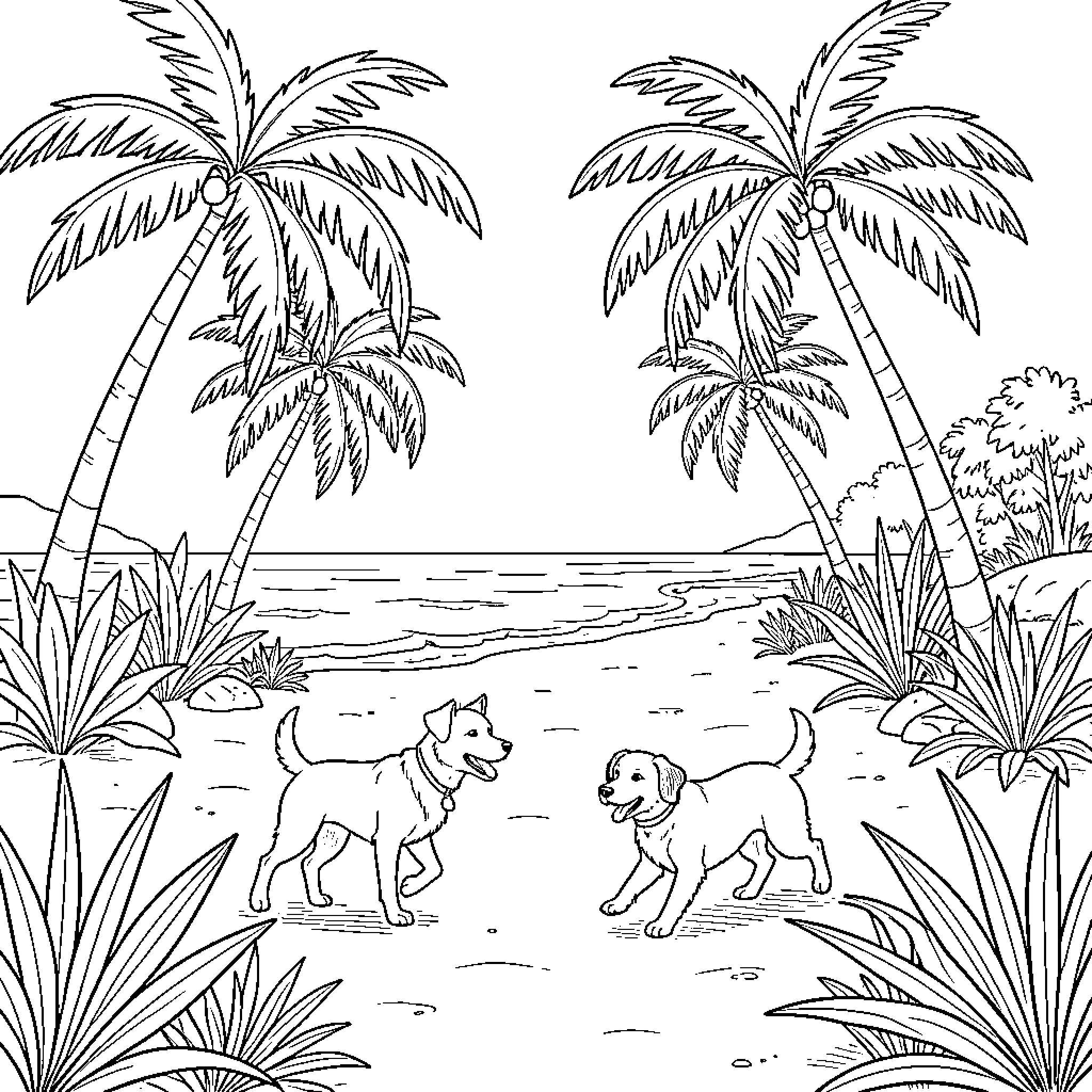 Dog playing happily on a tropical beach Coloring Page (free black-and-white line drawing printable PDF for all, from beginners to advanced learners, including children, teens, adults, and seniors)