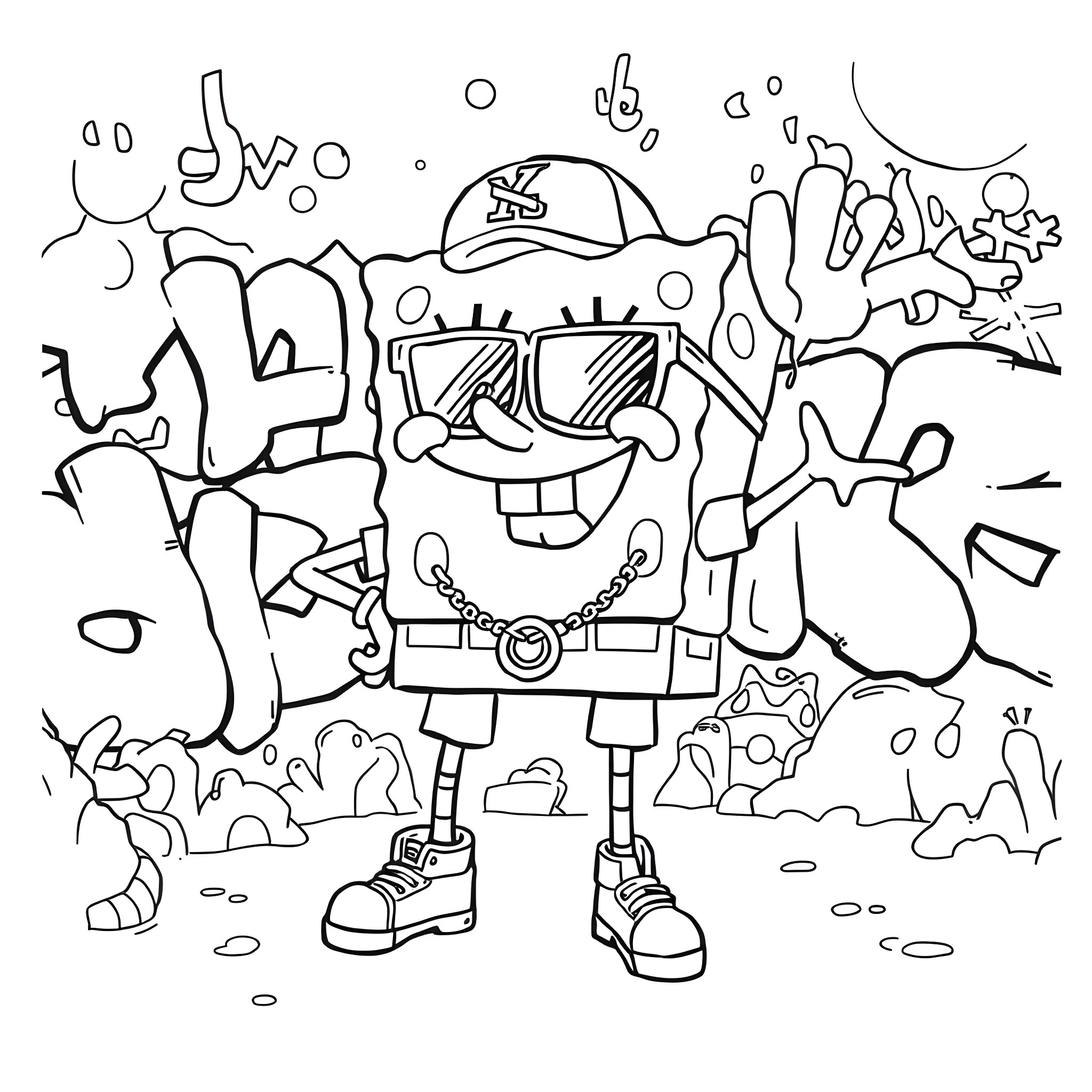 Spongebob in a whimsical, cartoonish scene Coloring Page (free black-and-white line drawing printable PDF for all, from beginners to advanced learners, including children, teens, adults, and seniors)