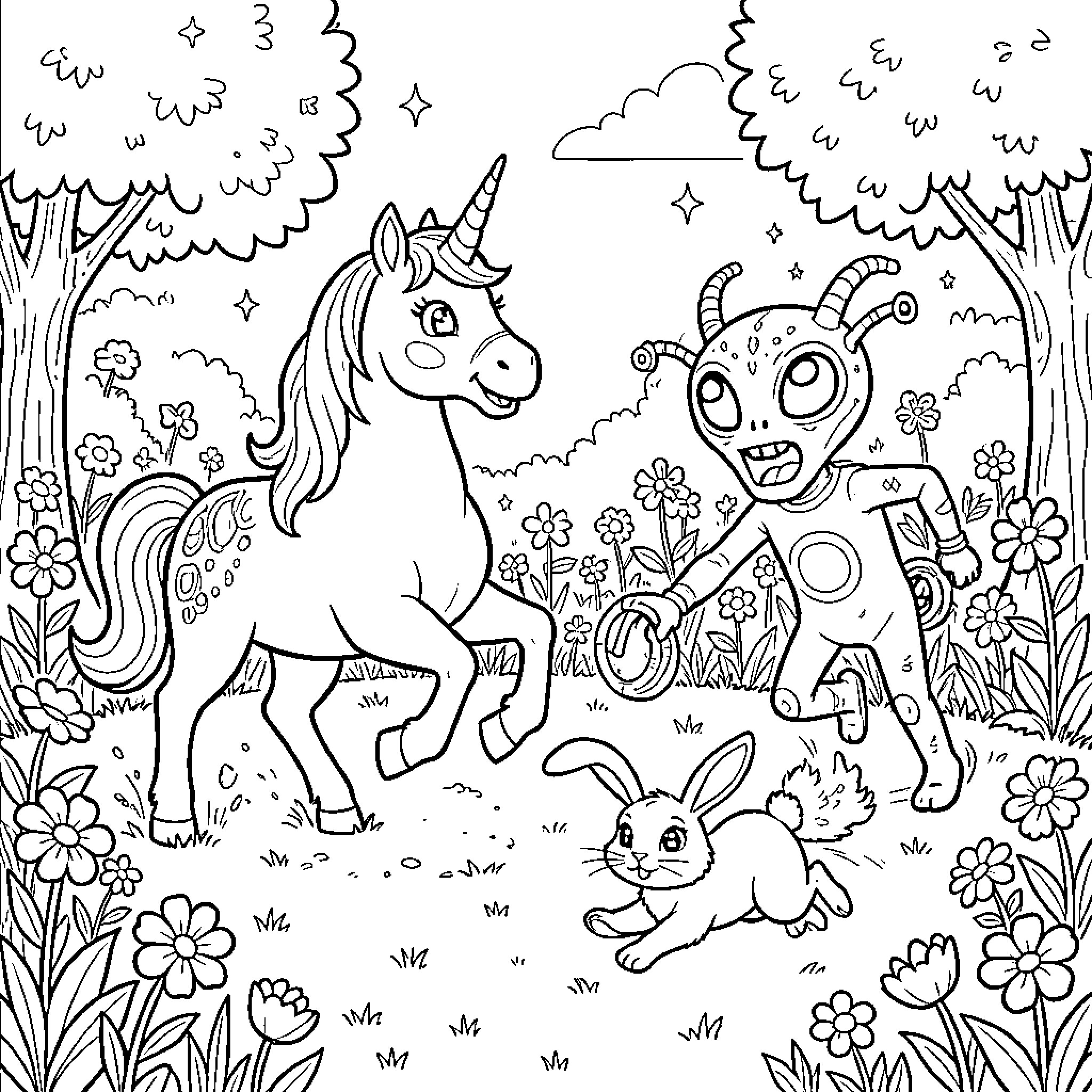 Licorne and Fantastical Creatures in a Whimsical Forest Coloring Page (free black-and-white line drawing printable PDF for all, from beginners to advanced learners, including children, teens, adults, and seniors)