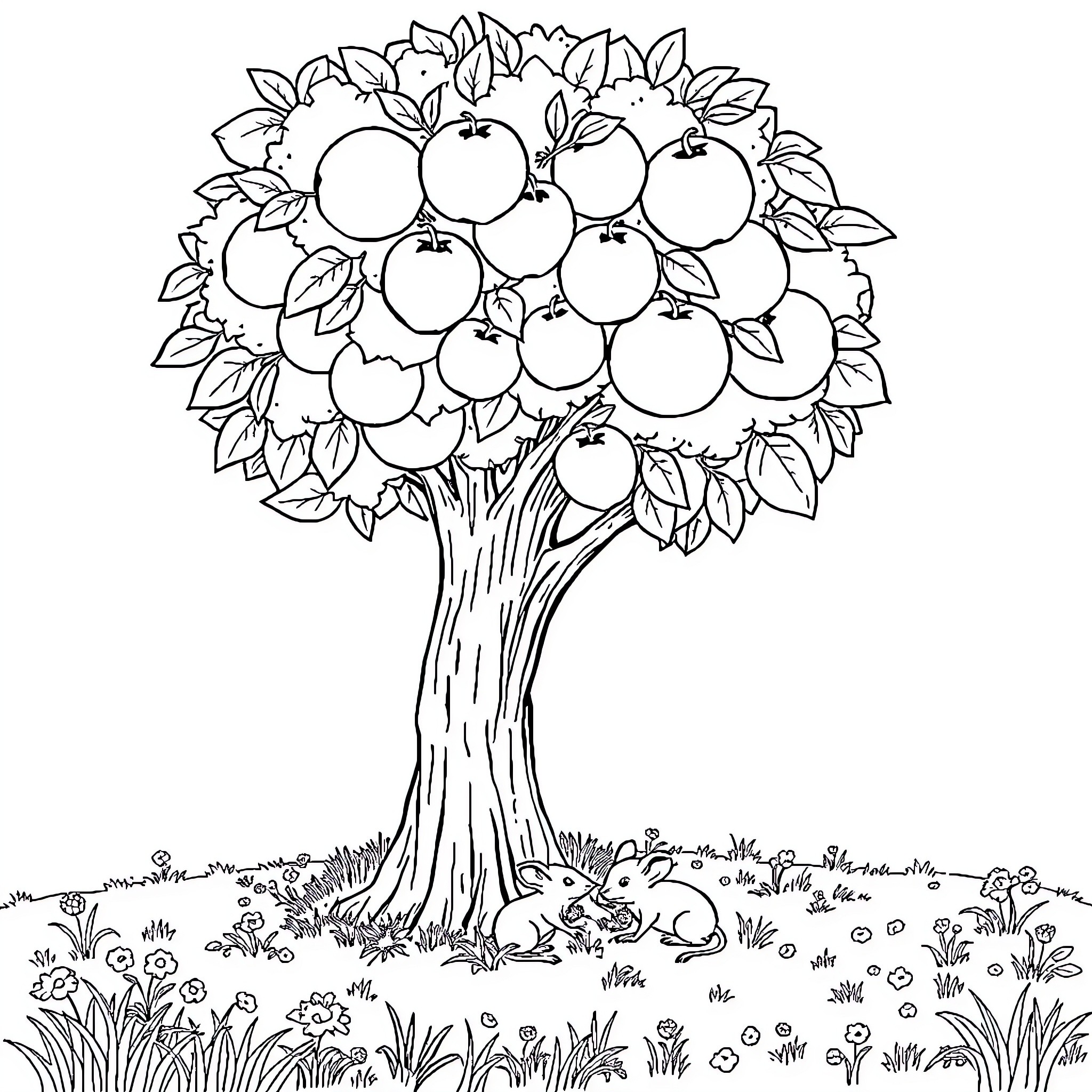 Mouse apple tree with leaves and grass Coloring Page (free black-and-white line drawing printable PDF for all, from beginners to advanced learners, including children, teens, adults, and seniors)