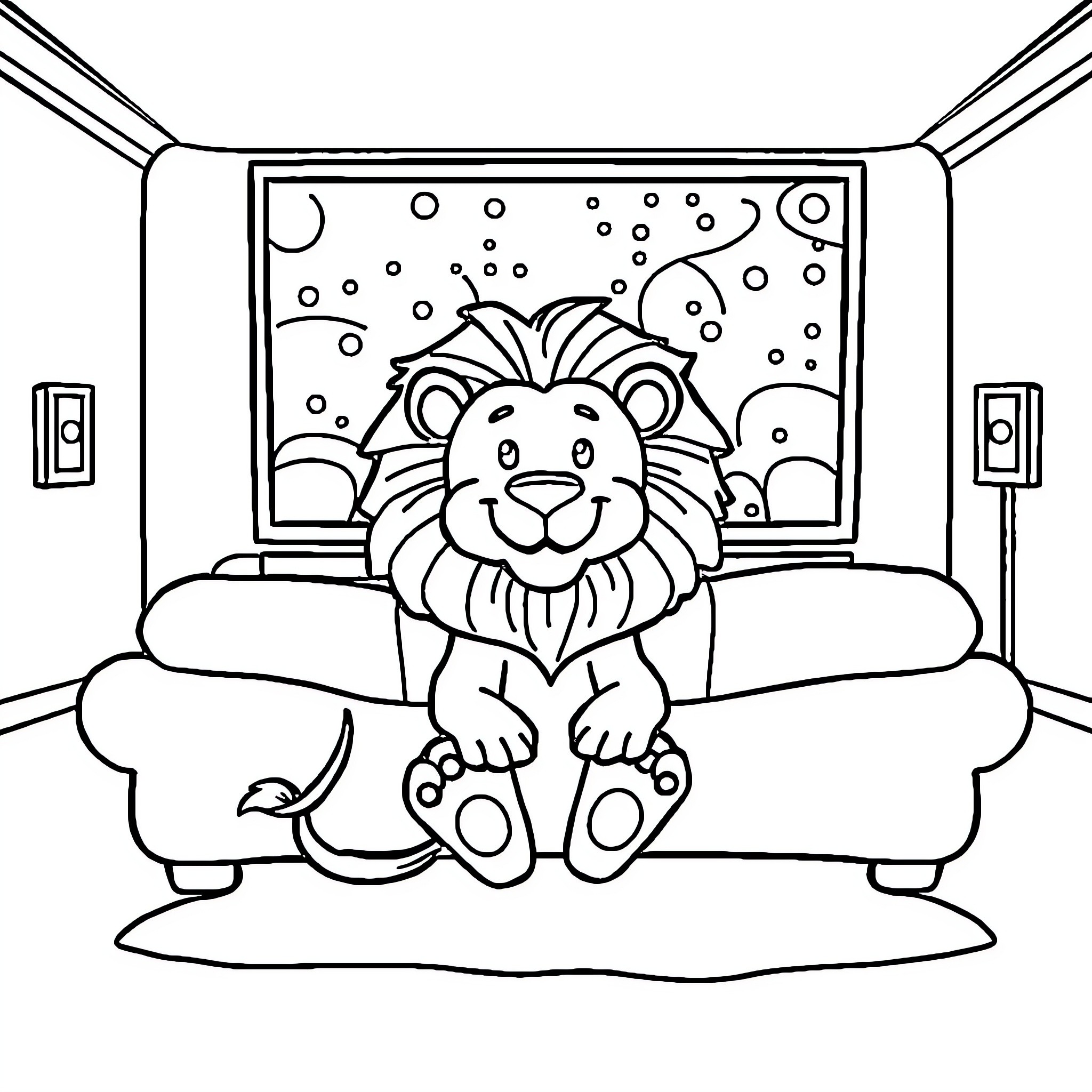 Lion relaxing comfortably on the couch Coloring Page (free black-and-white line drawing printable PDF for all, from beginners to advanced learners, including children, teens, adults, and seniors)