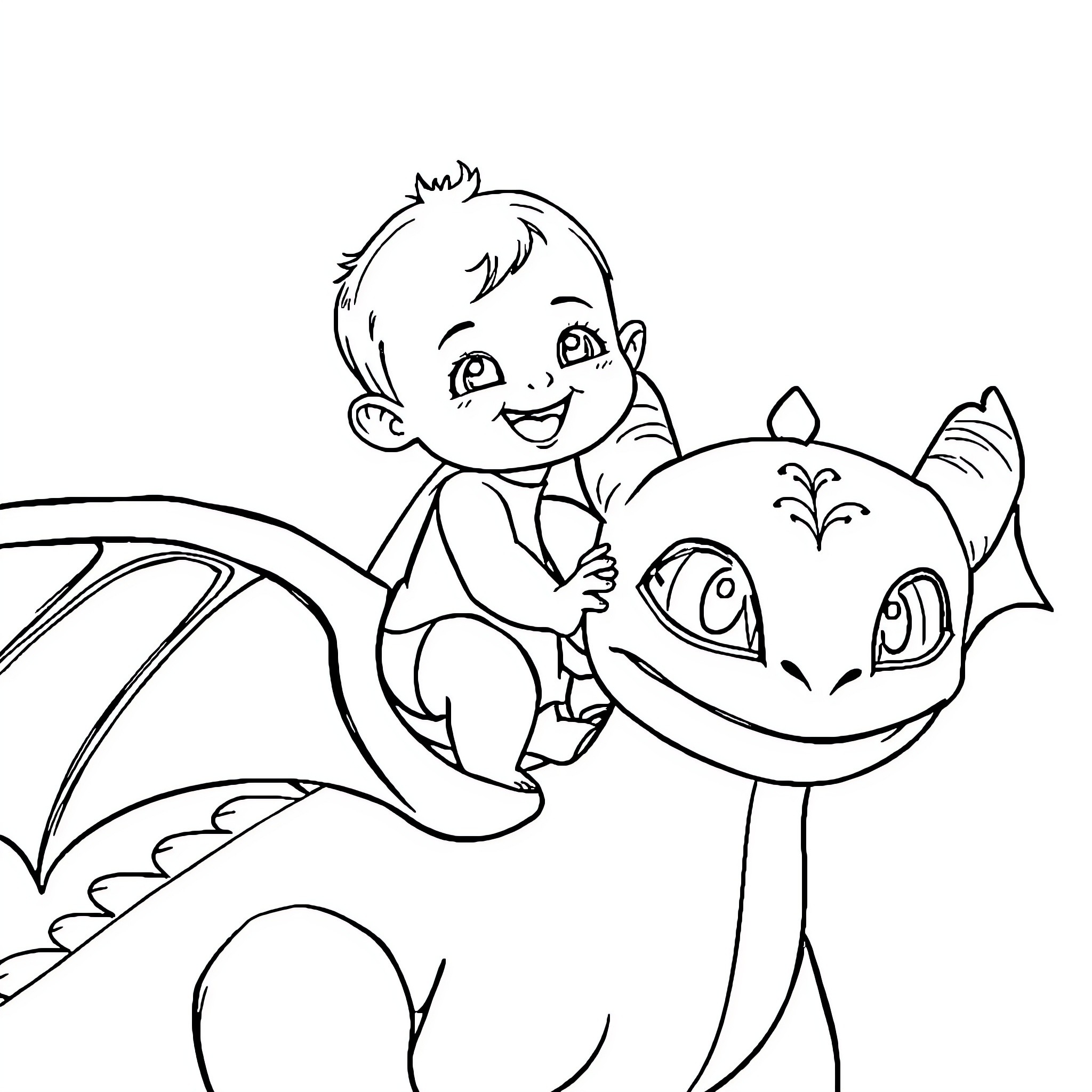 Baby playing with a friendly dragon Coloring Page (free black-and-white line drawing printable PDF for all, from beginners to advanced learners, including children, teens, adults, and seniors)
