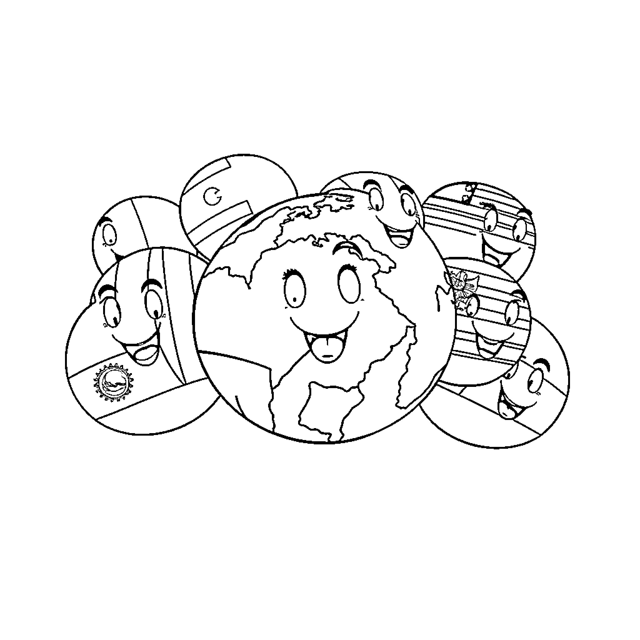 Countryball symbols happily representing the world Coloring Page (free black-and-white line drawing printable PDF for all, from beginners to advanced learners, including children, teens, adults, and seniors)