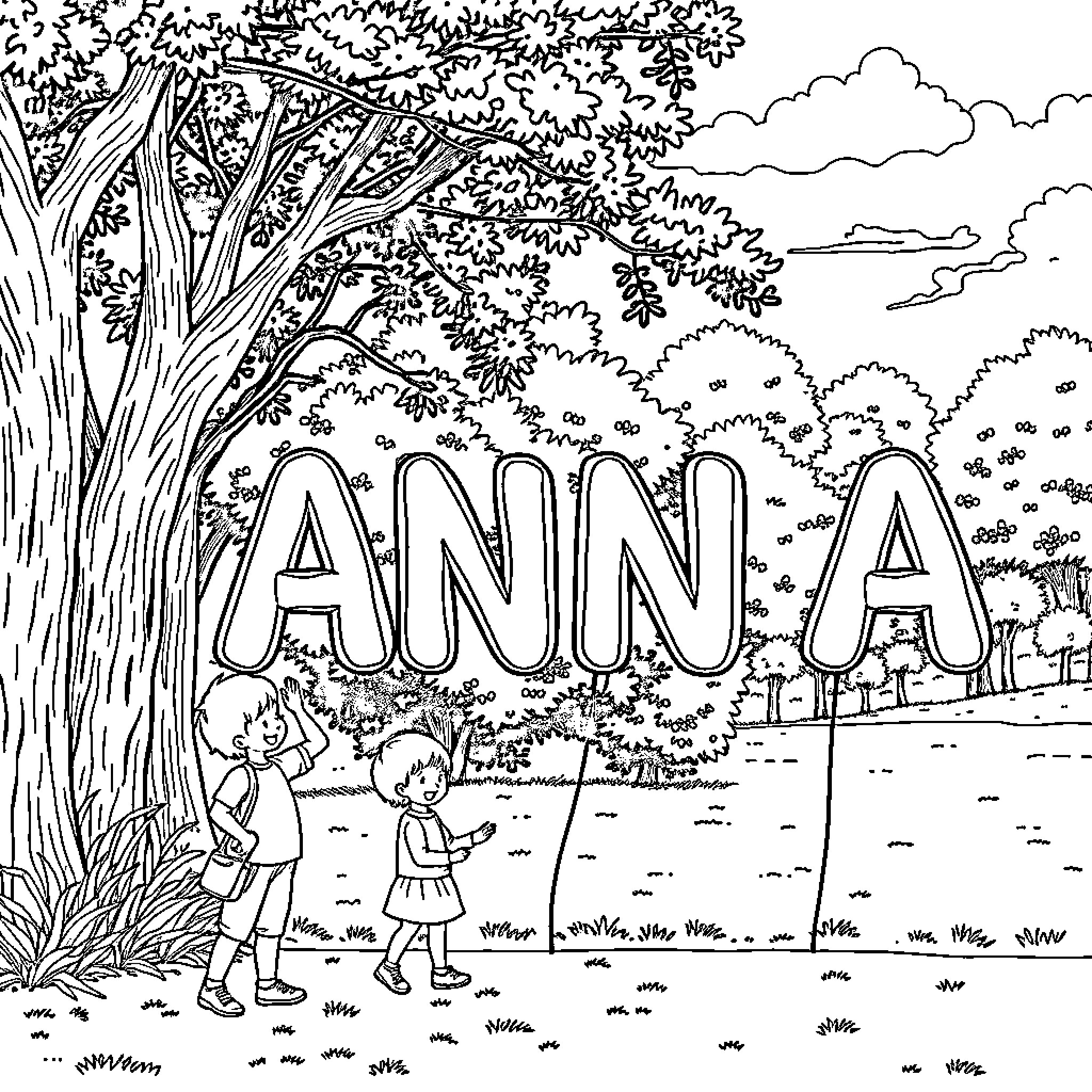Anna exploring the enchanting forest Coloring Page (free black-and-white line drawing printable PDF for all, from beginners to advanced learners, including children, teens, adults, and seniors)