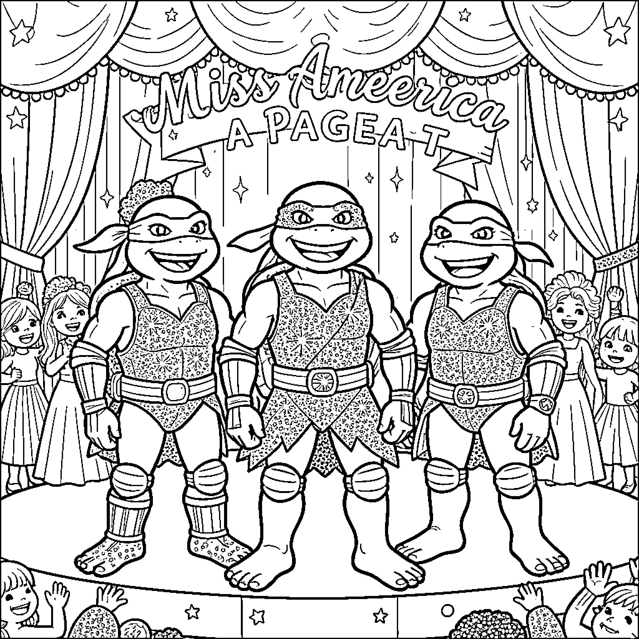 Ninja Turtles performing on a stage Coloring Page (free black-and-white line drawing printable PDF for all, from beginners to advanced learners, including children, teens, adults, and seniors)