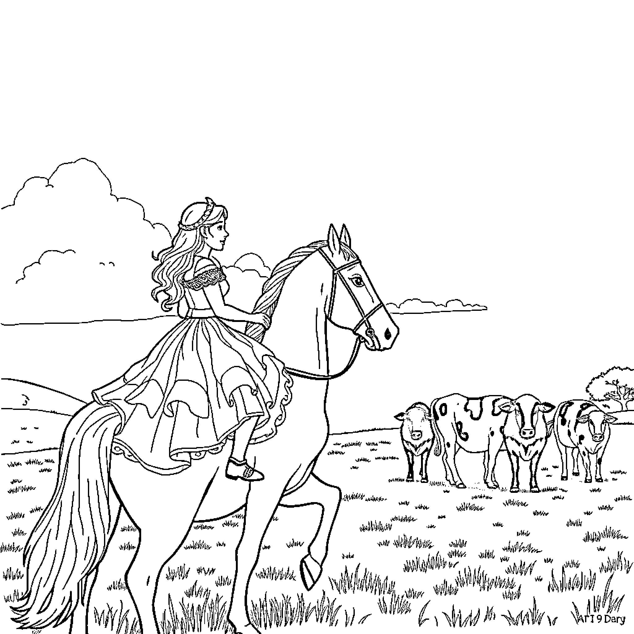 Princess riding horse through countryside landscape Coloring Page (free black-and-white line drawing printable PDF for all, from beginners to advanced learners, including children, teens, adults, and seniors)