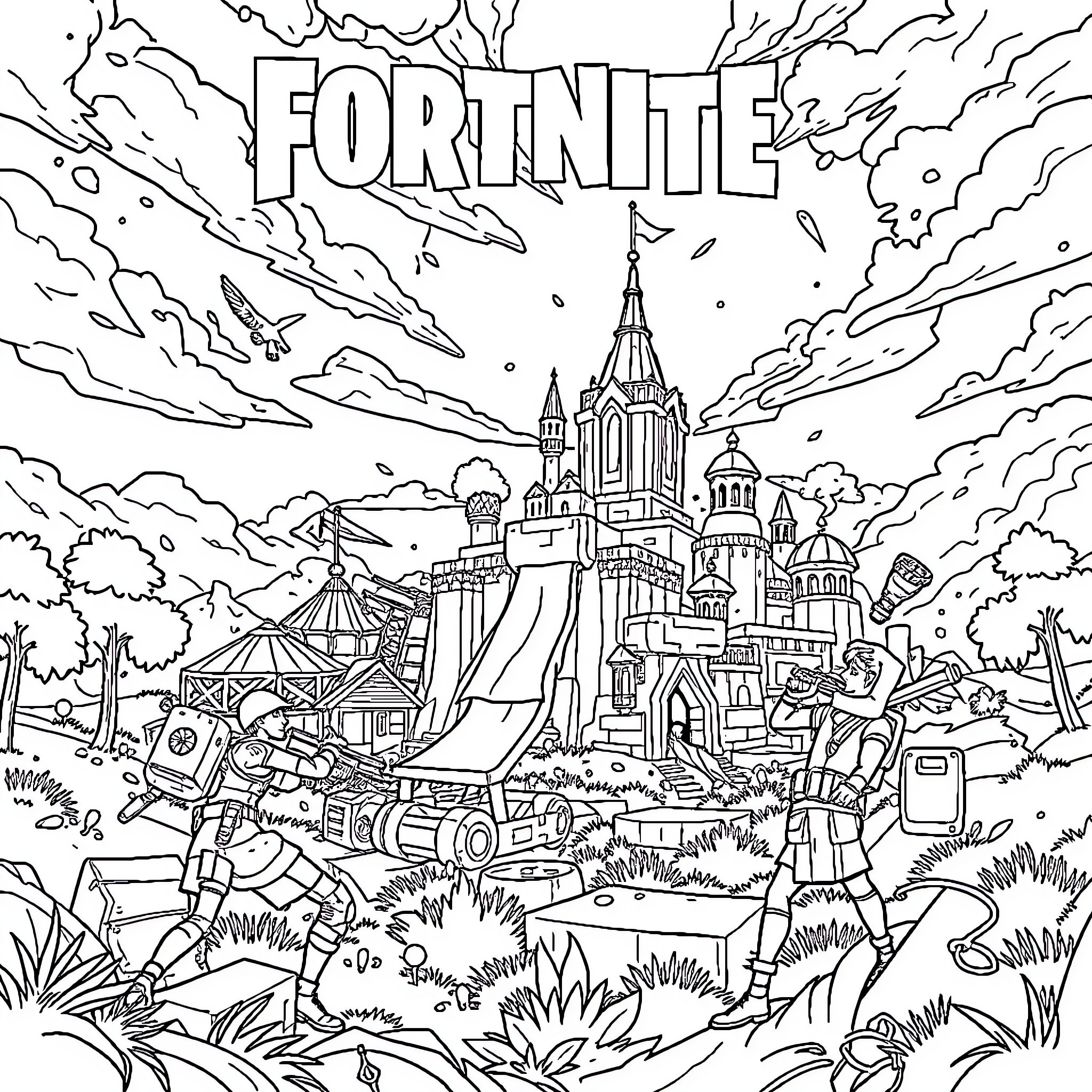 Fortnite Characters in Detailed Fantastical Landscape Coloring Page (free black-and-white line drawing printable PDF for all, from beginners to advanced learners, including children, teens, adults, and seniors)