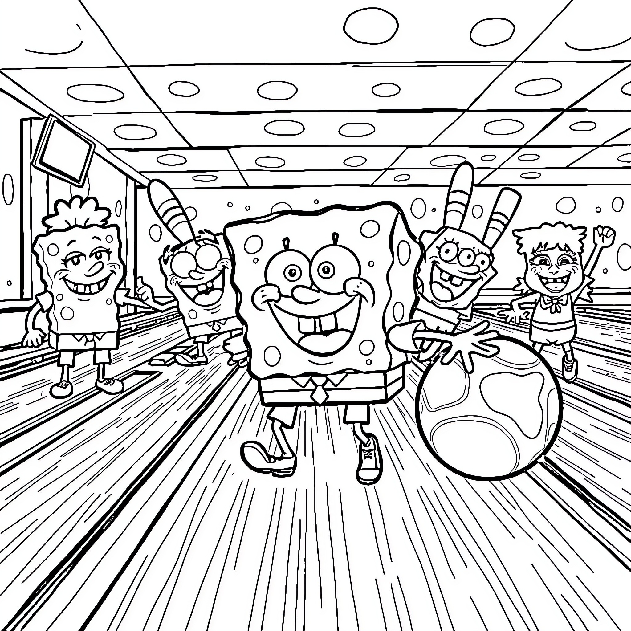 Spongebob and friends bowling with glee Coloring Page (free black-and-white line drawing printable PDF for all, from beginners to advanced learners, including children, teens, adults, and seniors)