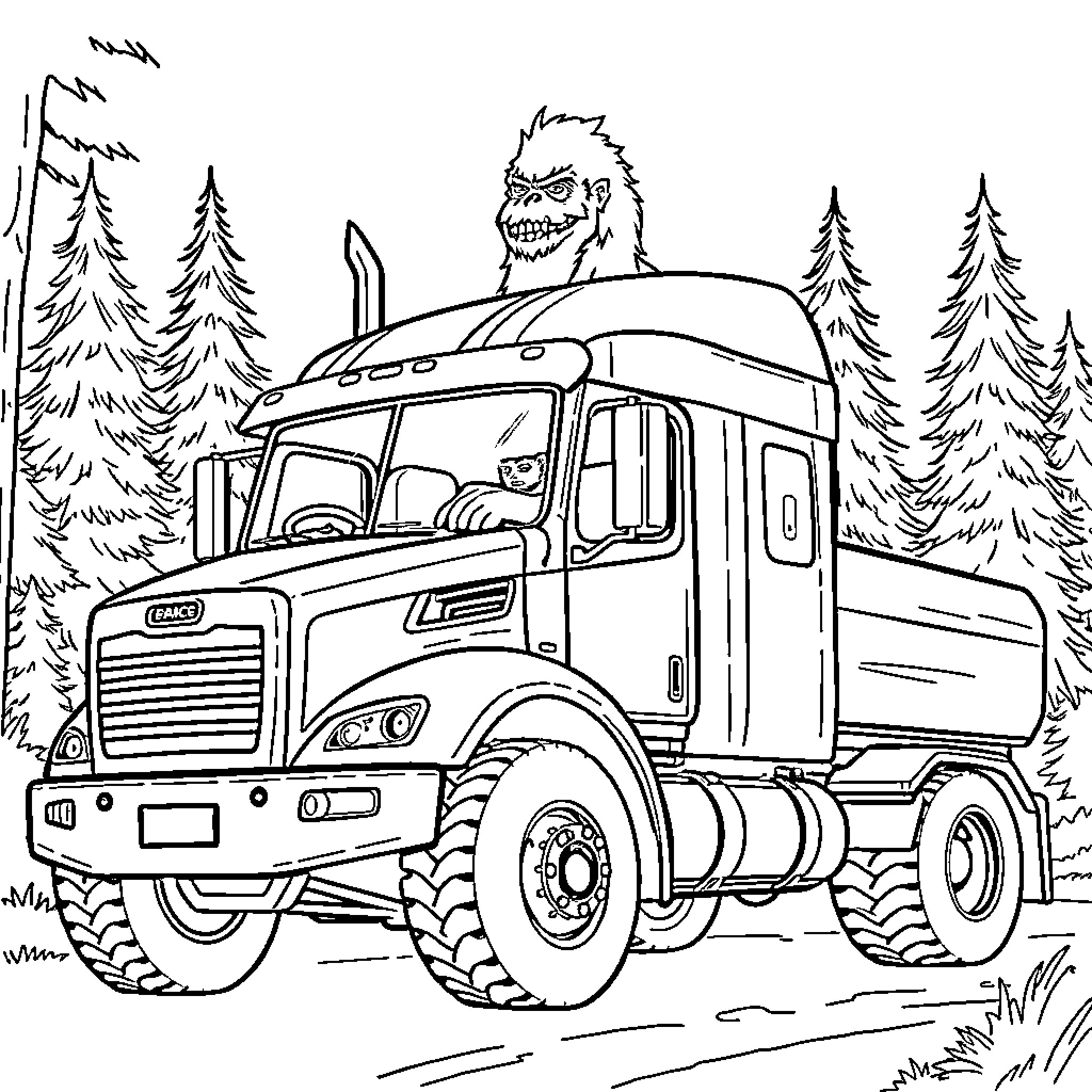 Bigfoot driving a rugged truck through the forest Coloring Page (free black-and-white line drawing printable PDF for all, from beginners to advanced learners, including children, teens, adults, and seniors)
