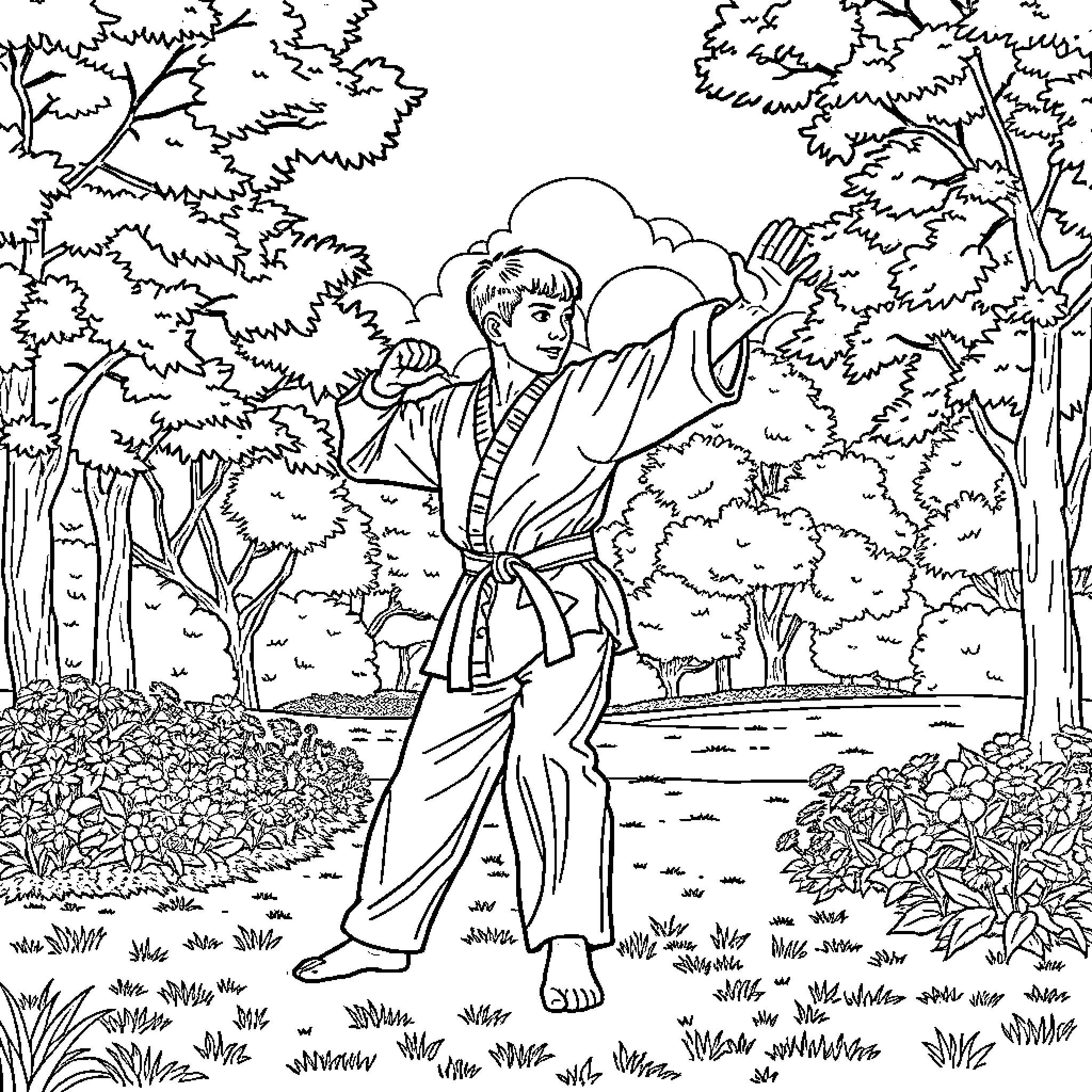 Taekwondo figure in combat stance in forest scenery Coloring Page (free black-and-white line drawing printable PDF for all, from beginners to advanced learners, including children, teens, adults, and seniors)
