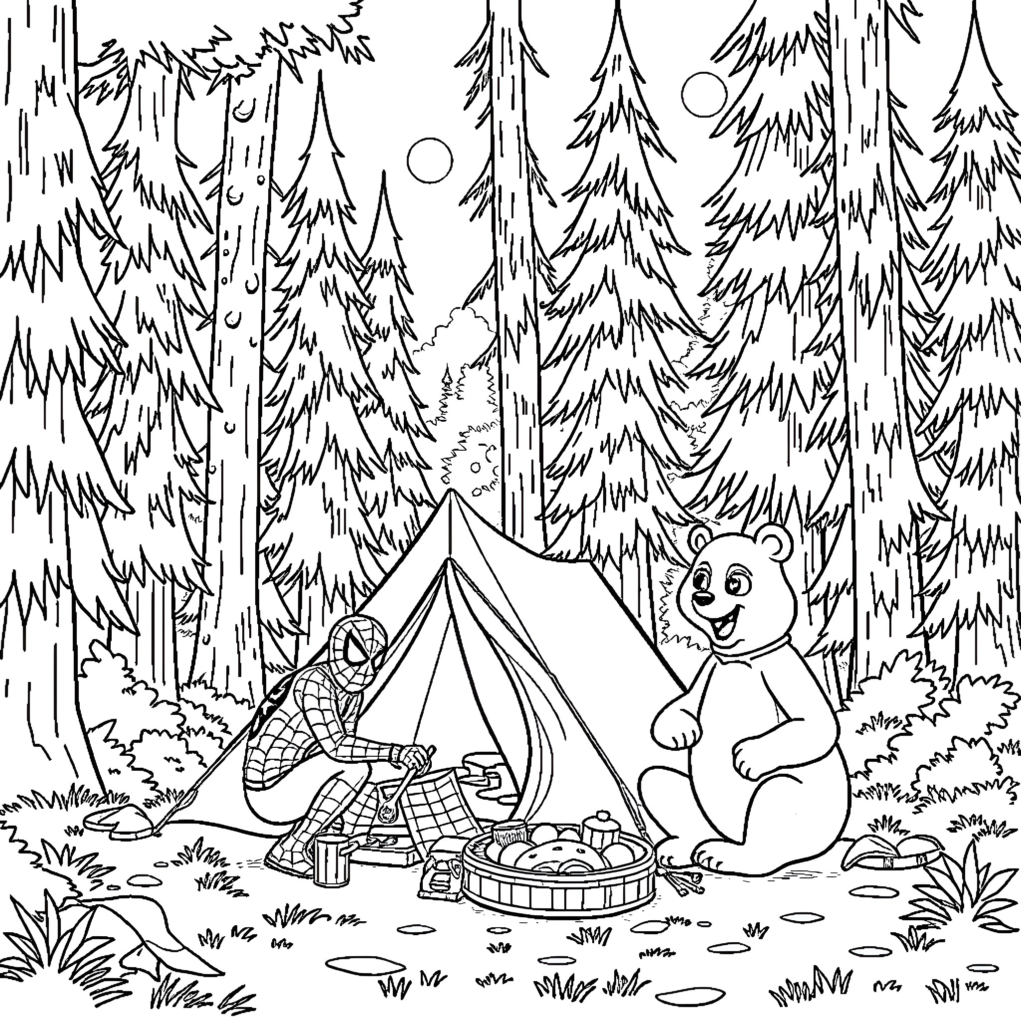 Spiderman camping in the forest with a snowman Coloring Page (free black-and-white line drawing printable PDF for all, from beginners to advanced learners, including children, teens, adults, and seniors)