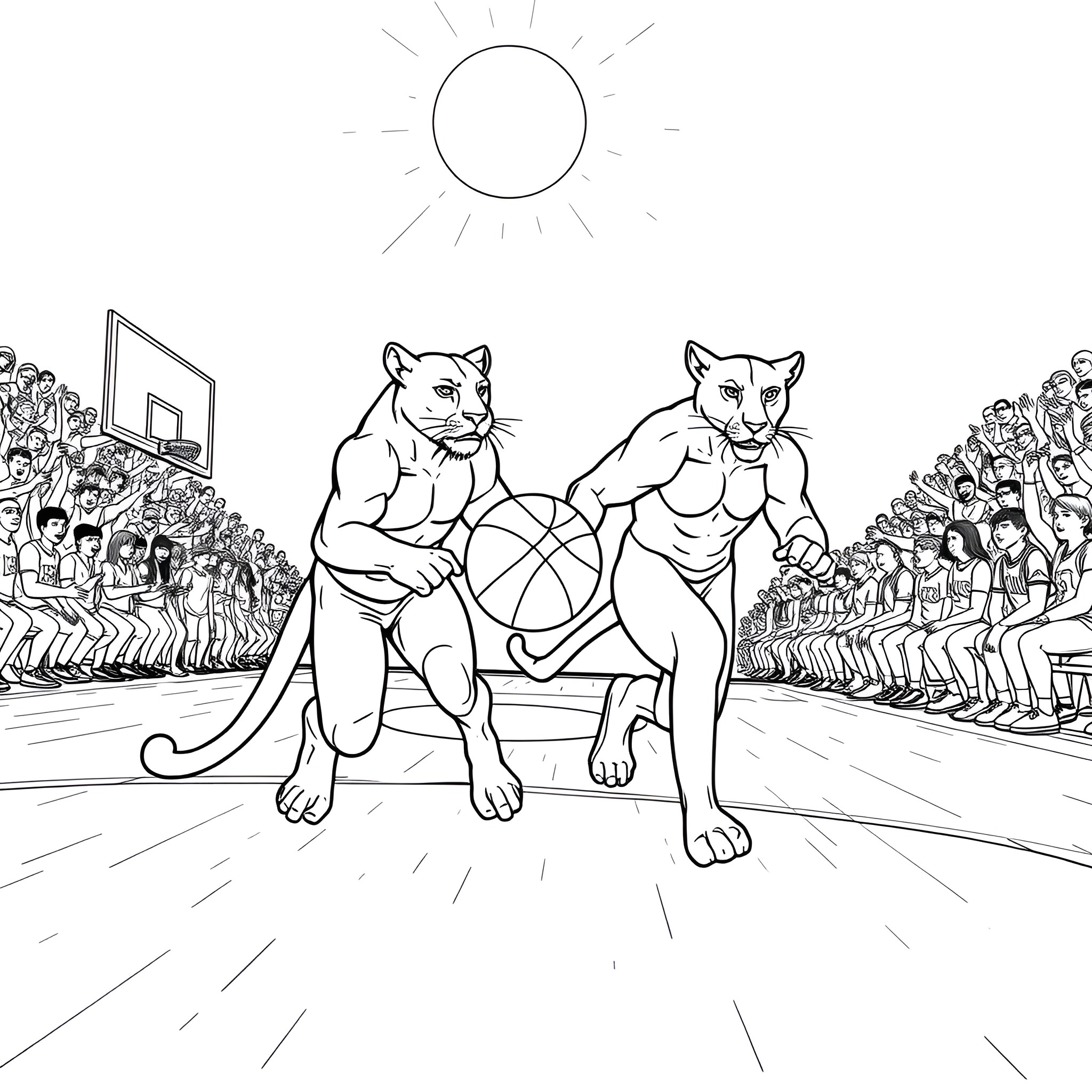 Panther Warriors Facing Off in Basketball Game Coloring Page (free black-and-white line drawing printable PDF for all, from beginners to advanced learners, including children, teens, adults, and seniors)