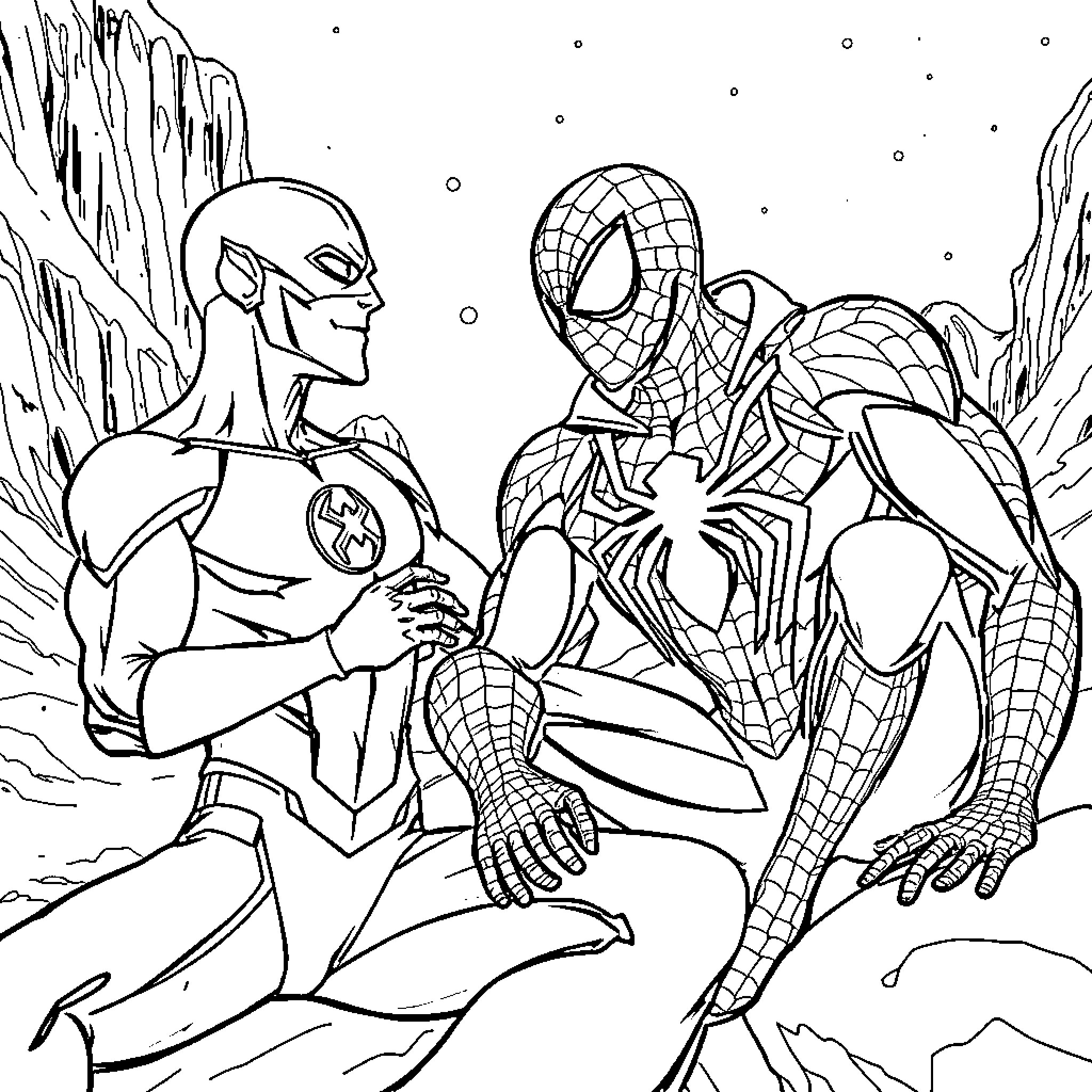 Spider-Man Battles Supervillain in Icy Landscape Coloring Page (free black-and-white line drawing printable PDF for all, from beginners to advanced learners, including children, teens, adults, and seniors)