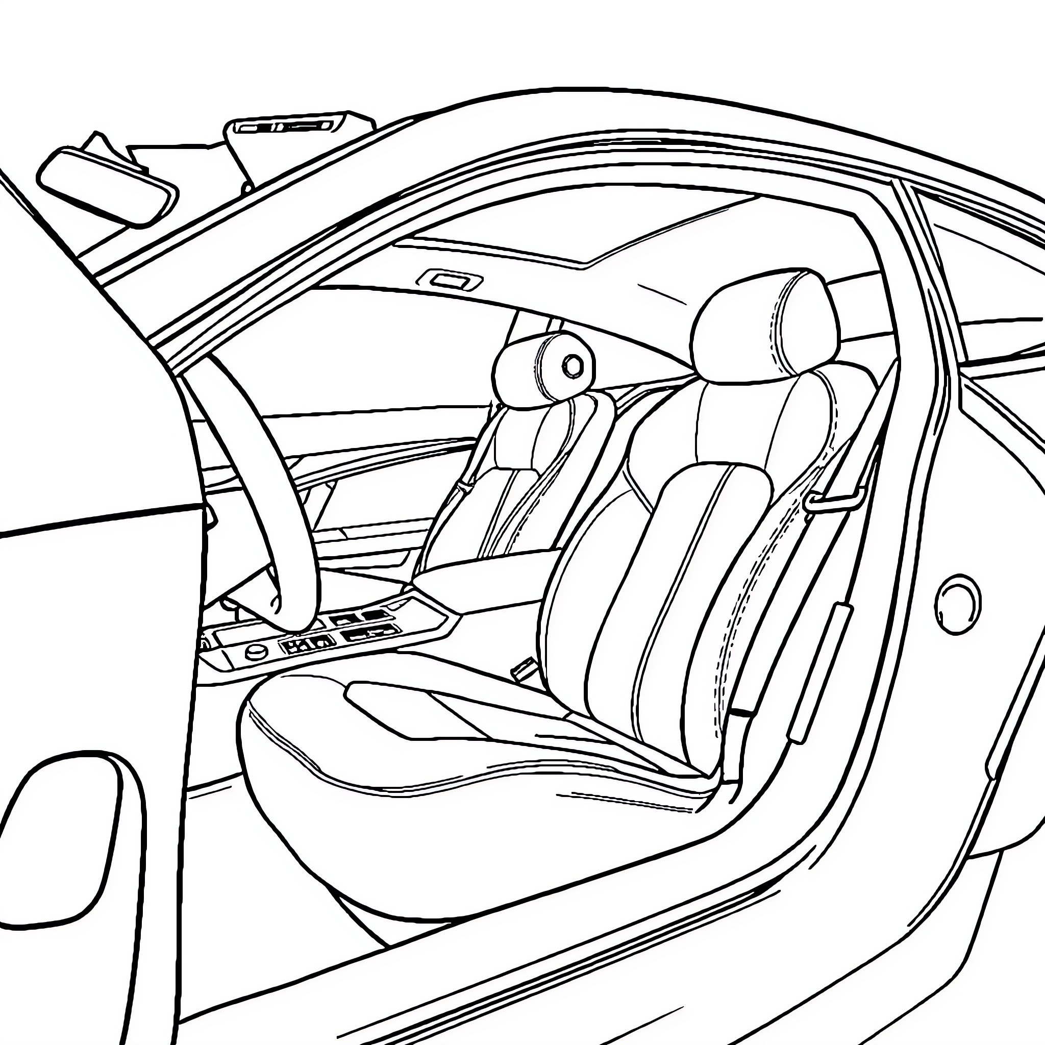 Car interior with seats and dashboard Coloring Page (free black-and-white line drawing printable PDF for all, from beginners to advanced learners, including children, teens, adults, and seniors)