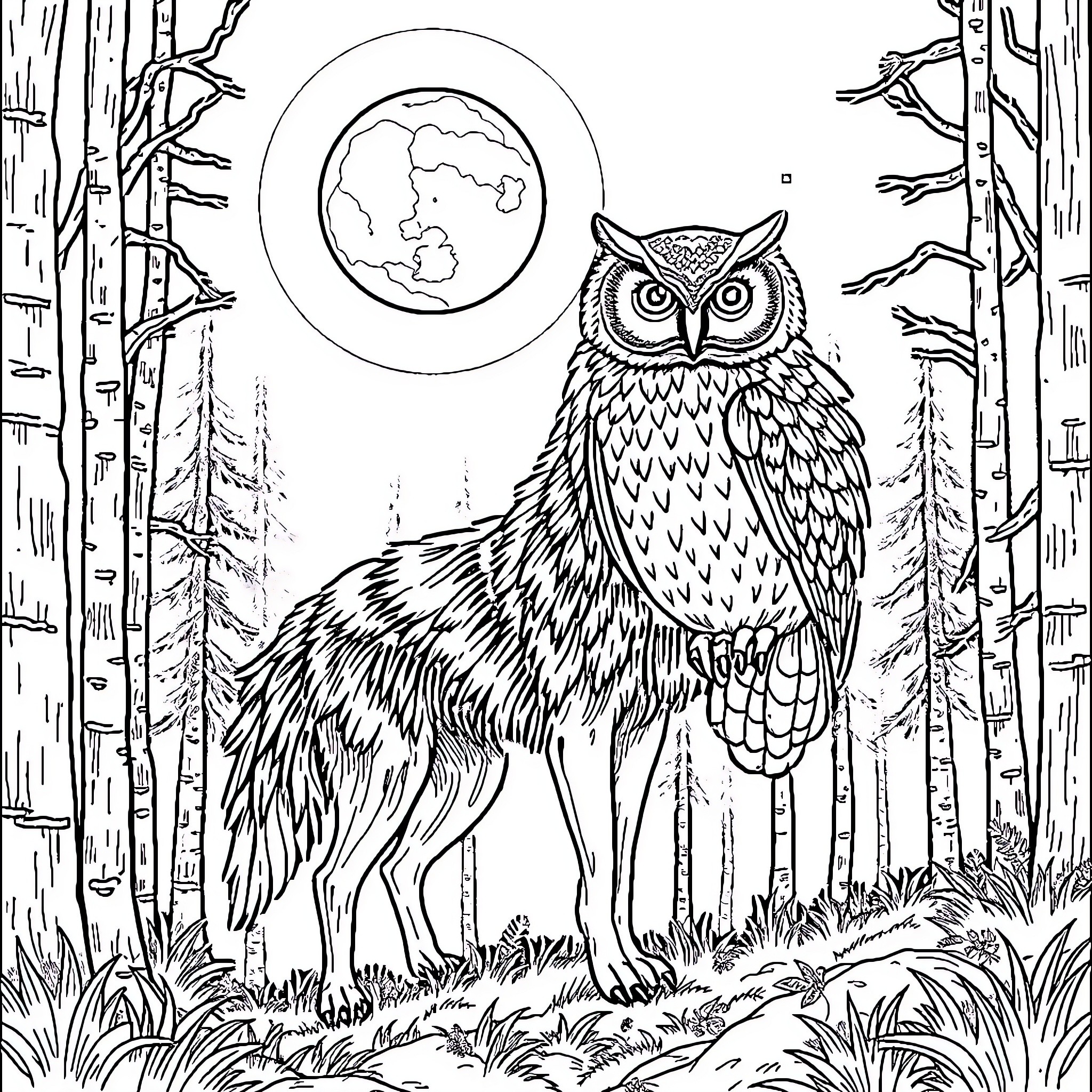 Wolf Owl in Moonlit Forest Landscape Coloring Page (free black-and-white line drawing printable PDF for all, from beginners to advanced learners, including children, teens, adults, and seniors)