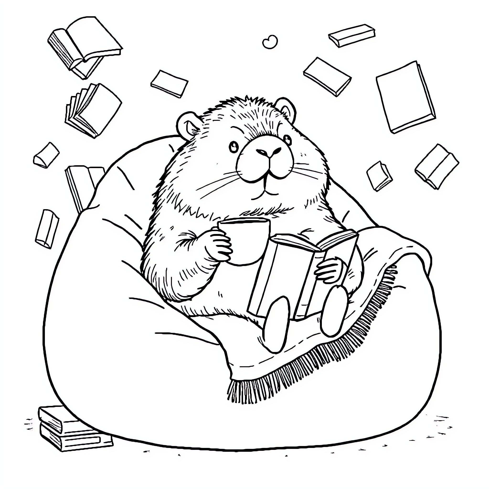 Capybara reading books surrounded by literature Coloring Page (free black-and-white line drawing printable PDF for all, from beginners to advanced learners, including children, teens, adults, and seniors)
