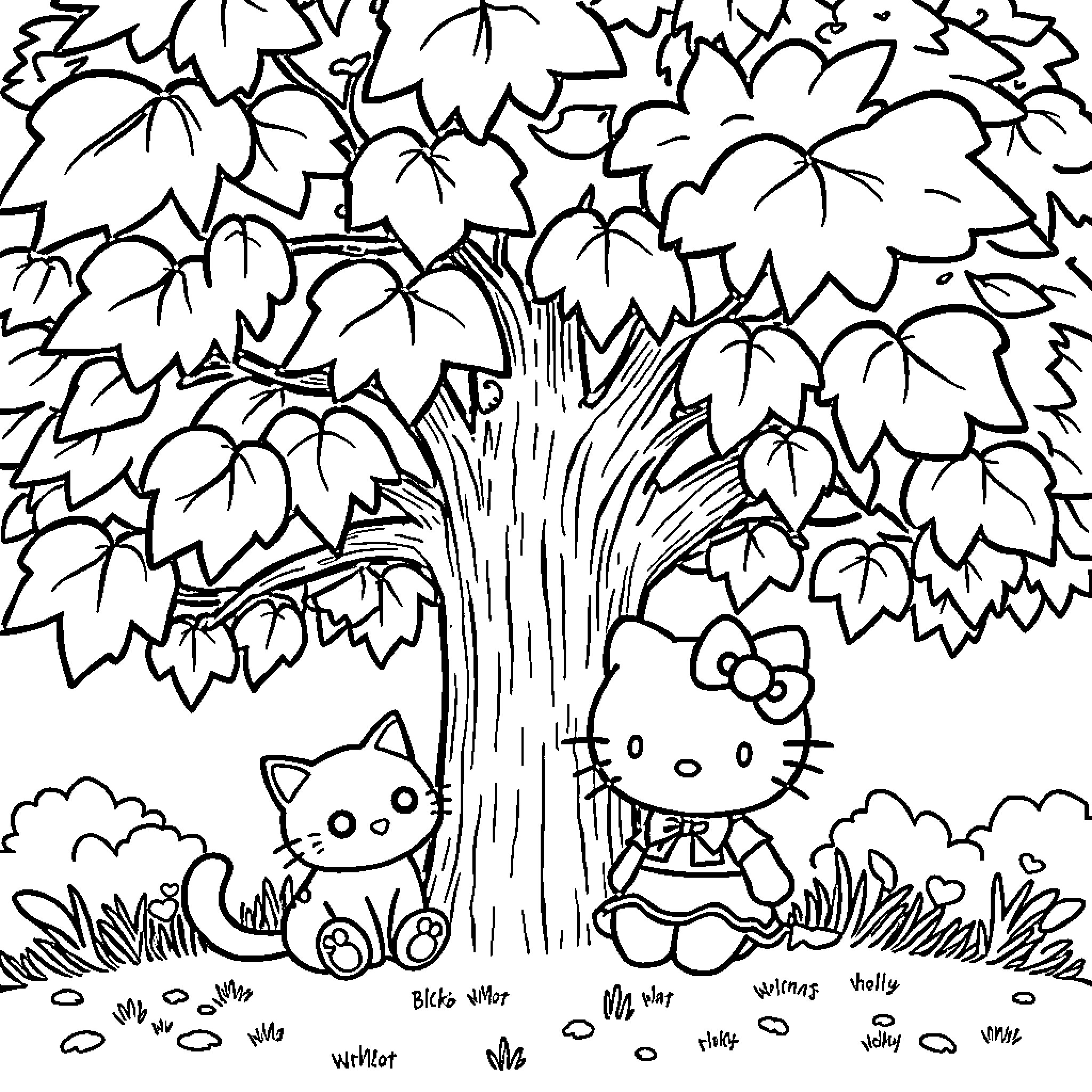 Cat in nature with Hello Kitty figure Coloring Page (free black-and-white line drawing printable PDF for all, from beginners to advanced learners, including children, teens, adults, and seniors)