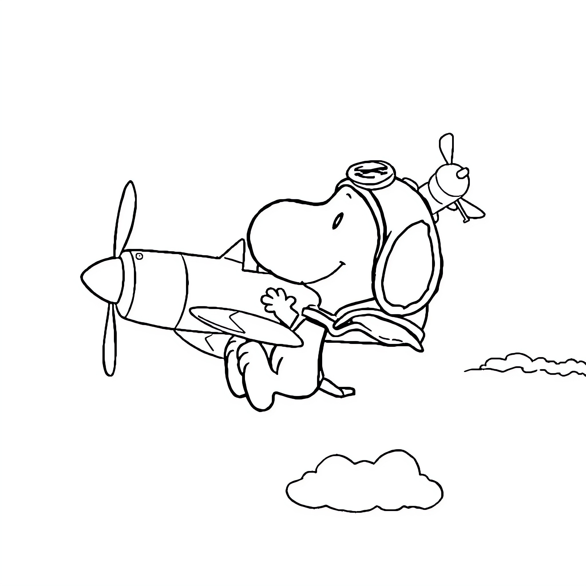 Snoopy piloting a plane in the sky Coloring Page (free black-and-white line drawing printable PDF for all, from beginners to advanced learners, including children, teens, adults, and seniors)