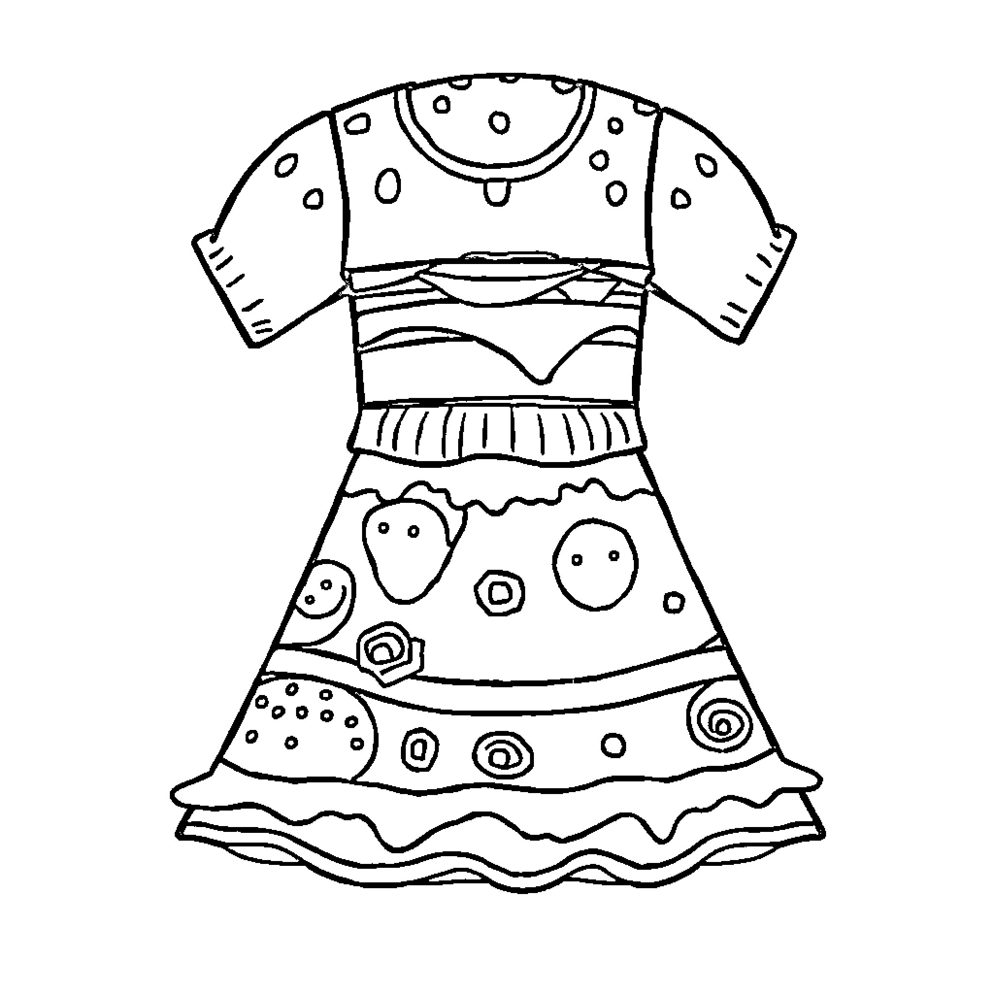 Hamburger patterned dress with playful designs Coloring Page (free black-and-white line drawing printable PDF for all, from beginners to advanced learners, including children, teens, adults, and seniors)