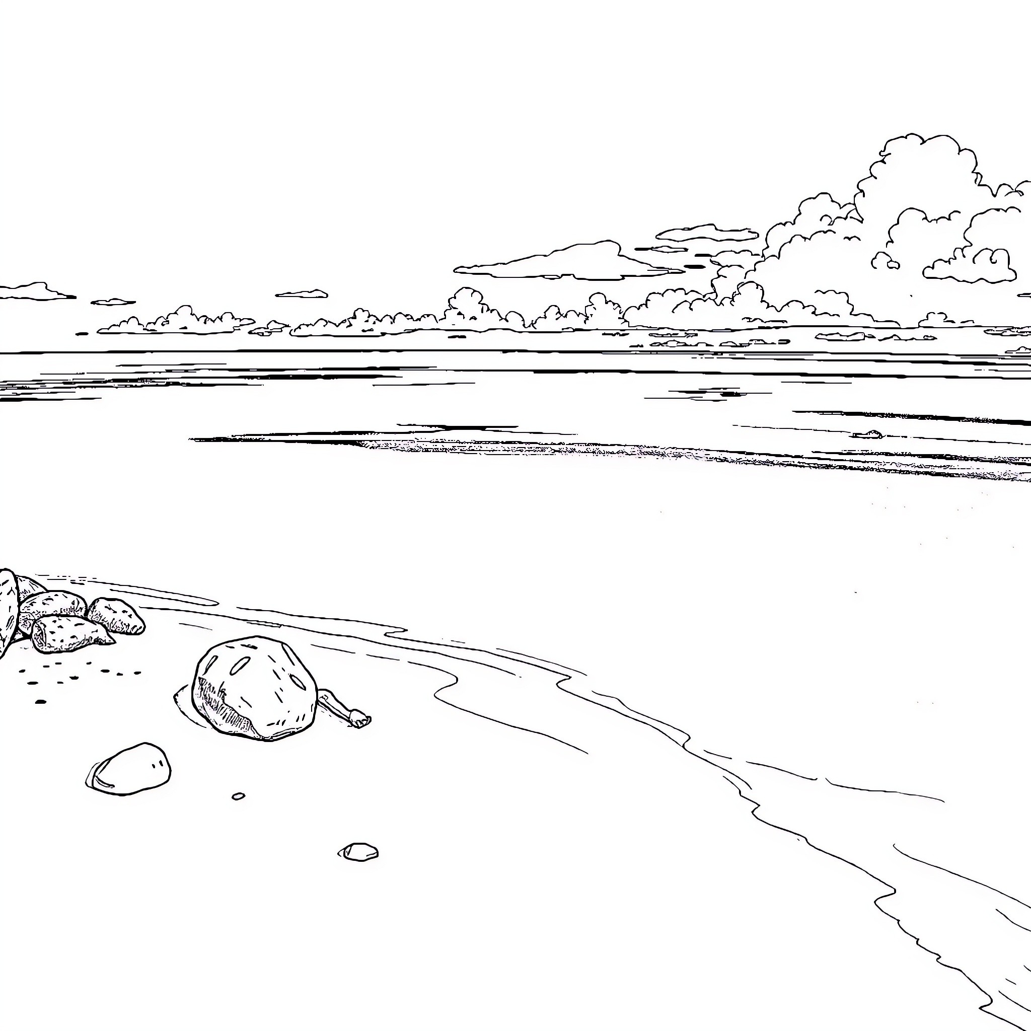 Cayman Islands coastal landscape with rocky beach Coloring Page (free black-and-white line drawing printable PDF for all, from beginners to advanced learners, including children, teens, adults, and seniors)