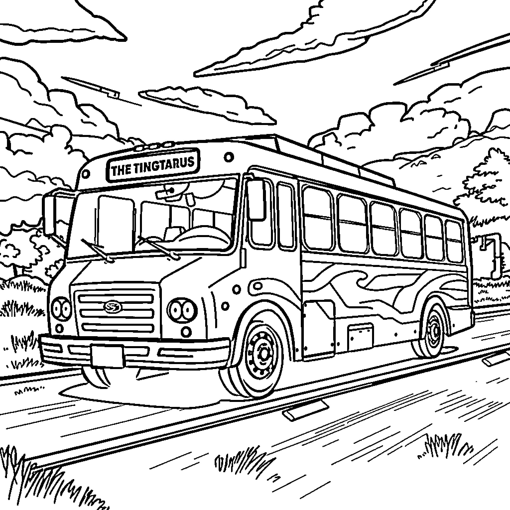 Bus traveling through scenic countryside Coloring Page (free black-and-white line drawing printable PDF for all, from beginners to advanced learners, including children, teens, adults, and seniors)