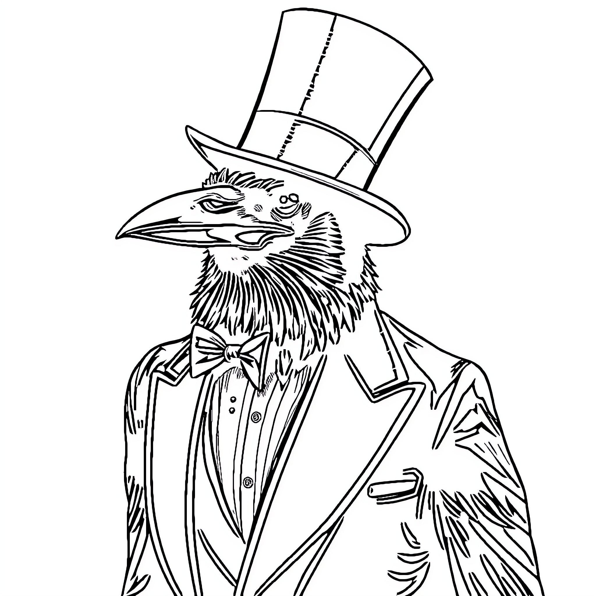 Raven dressed in formal attire with a top hat Coloring Page (free black-and-white line drawing printable PDF for all, from beginners to advanced learners, including children, teens, adults, and seniors)