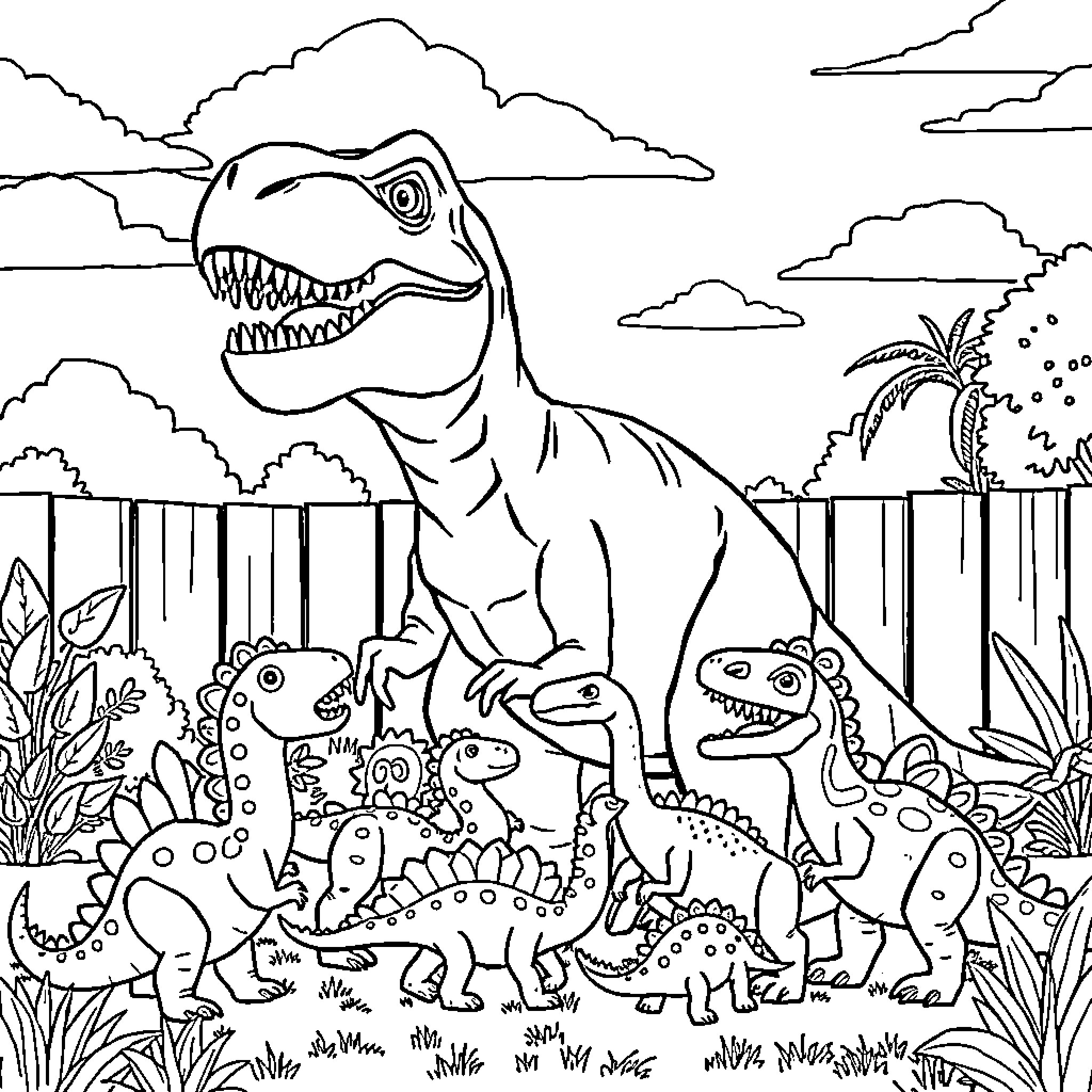 T-Rex and Its Dinosaur Family in the Jungle Coloring Page (free black-and-white line drawing printable PDF for all, from beginners to advanced learners, including children, teens, adults, and seniors)