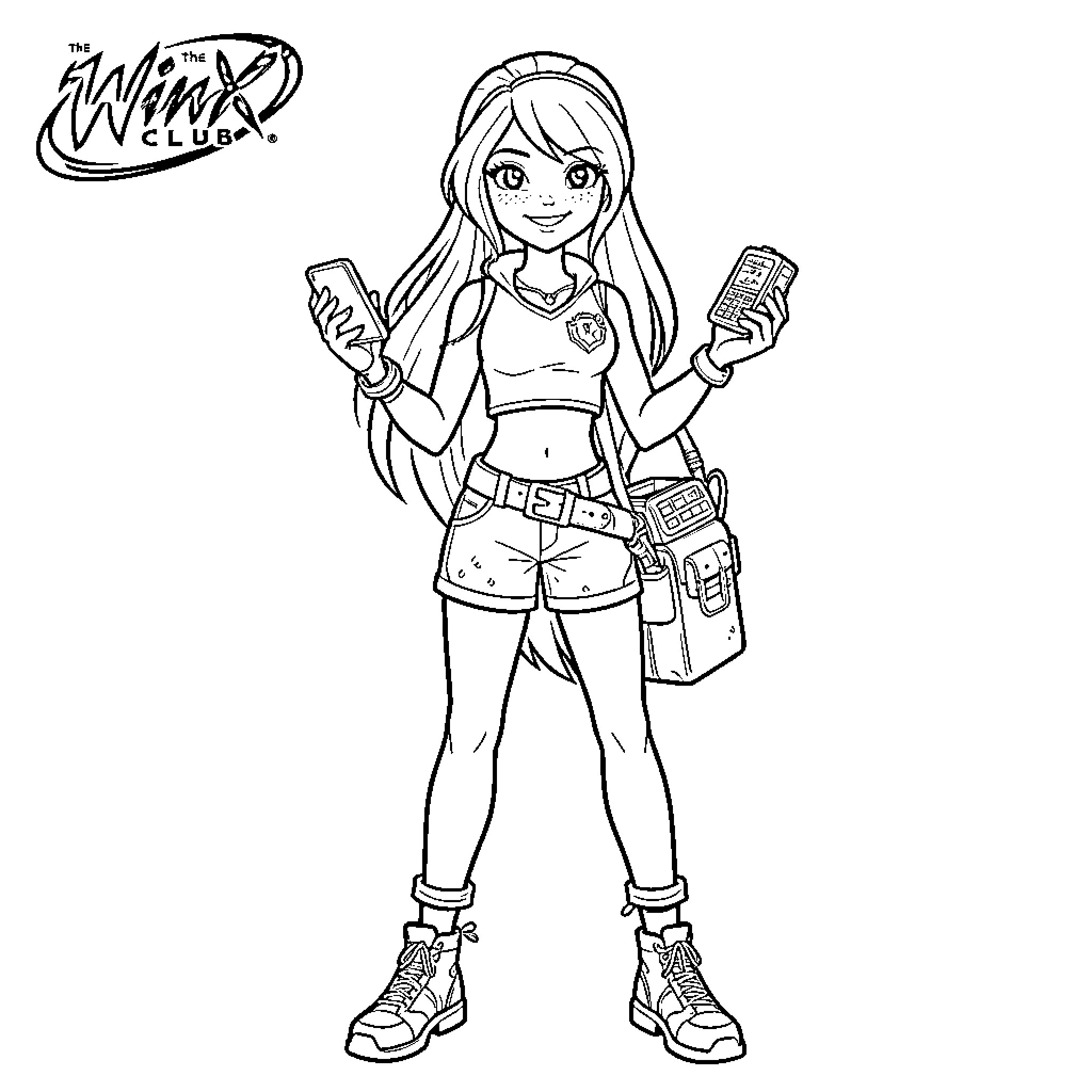 Tecna holding electronic devices and wearing casual adventure outfit Coloring Page (free black-and-white line drawing printable PDF for all, from beginners to advanced learners, including children, teens, adults, and seniors)